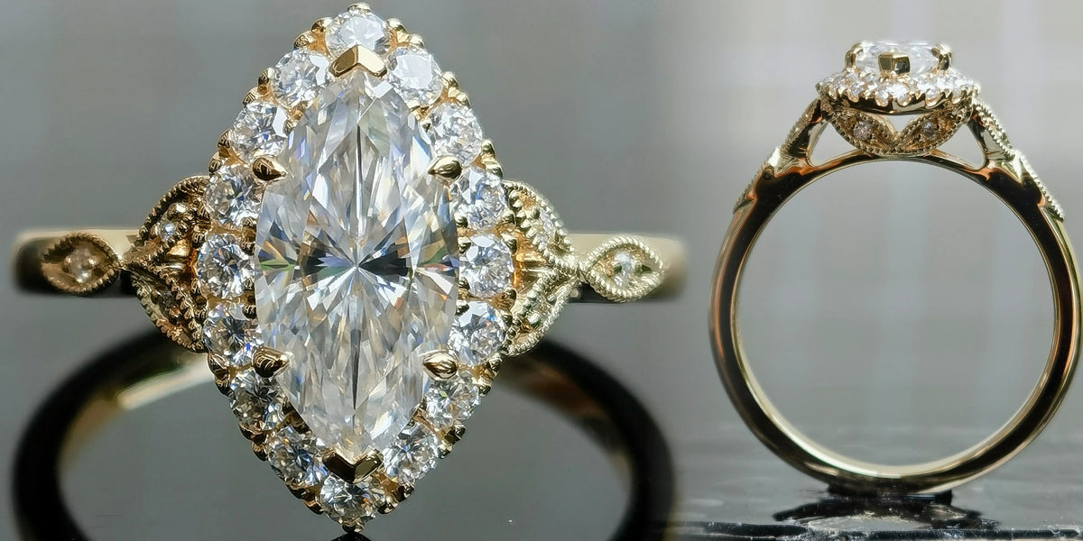 Marquise halo side stones art deco moissanite engagement ring| DovEggs