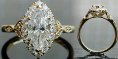 Marquise halo side stones art deco moissanite engagement ring| DovEggs
