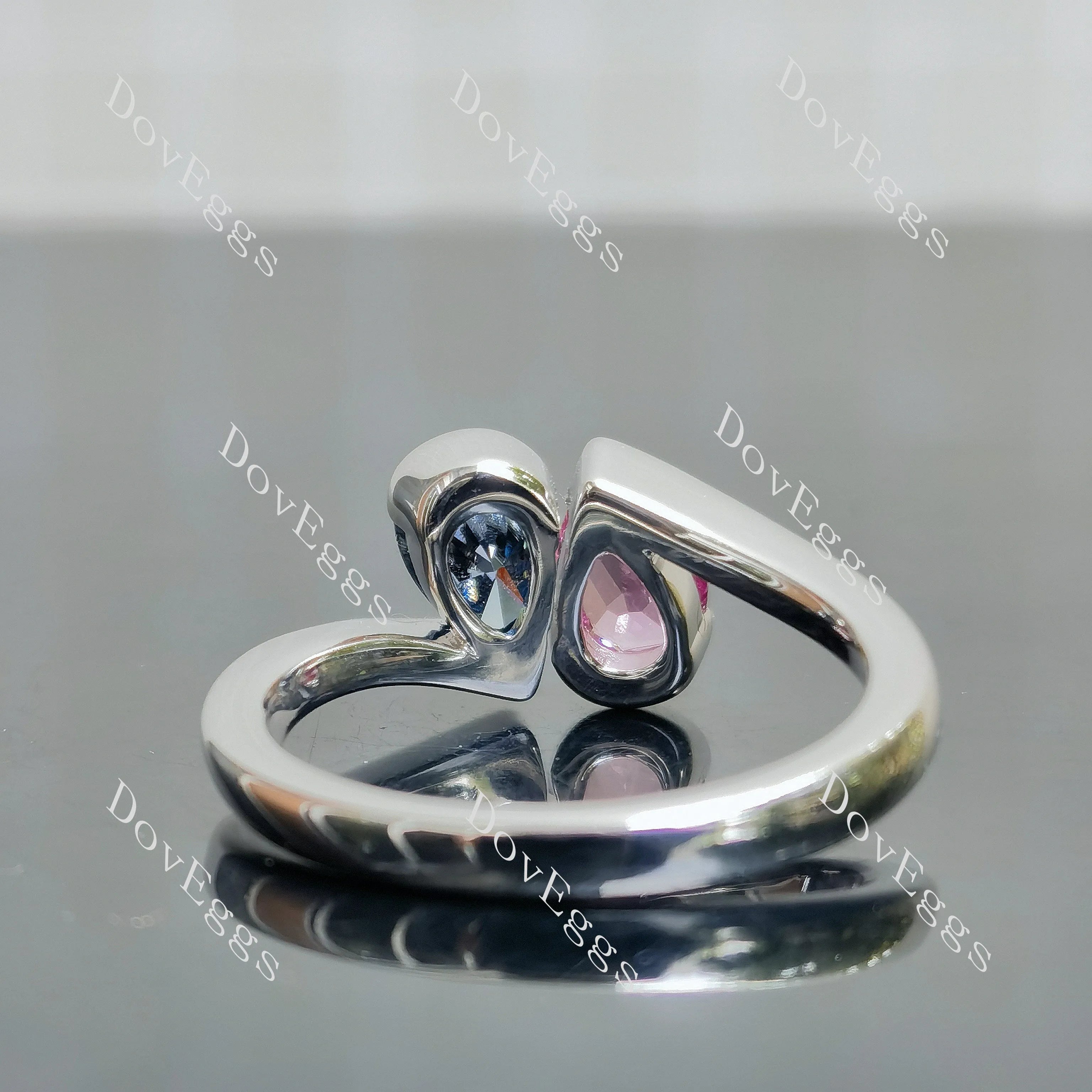 Pear bezel two stones twilight blue moissanite & colored gem engagement ring| DovEggs