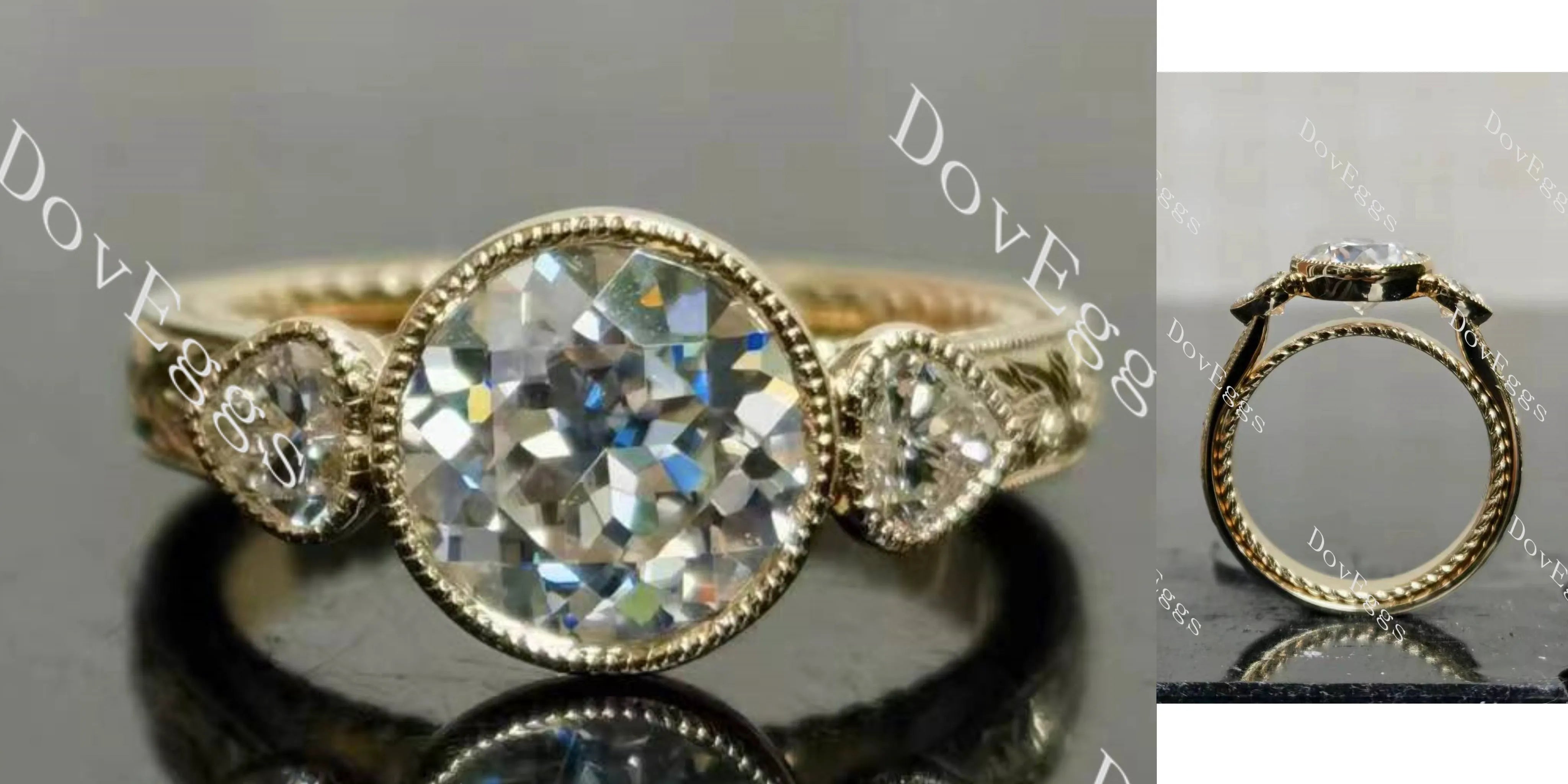 Tin's'Ohana-Round bezel carved vintage three stones moissanite engagement ring| DovEggs