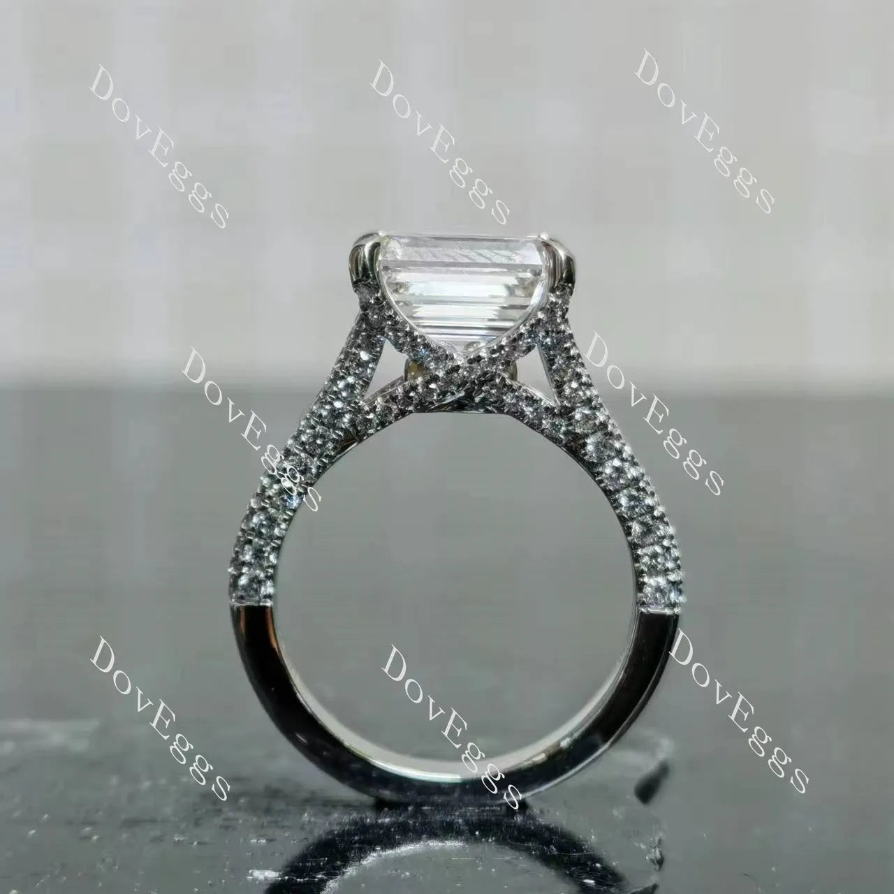 Amanda's Endless Fire-Emerald split shanks pave moissanite engagement ring| DovEggs