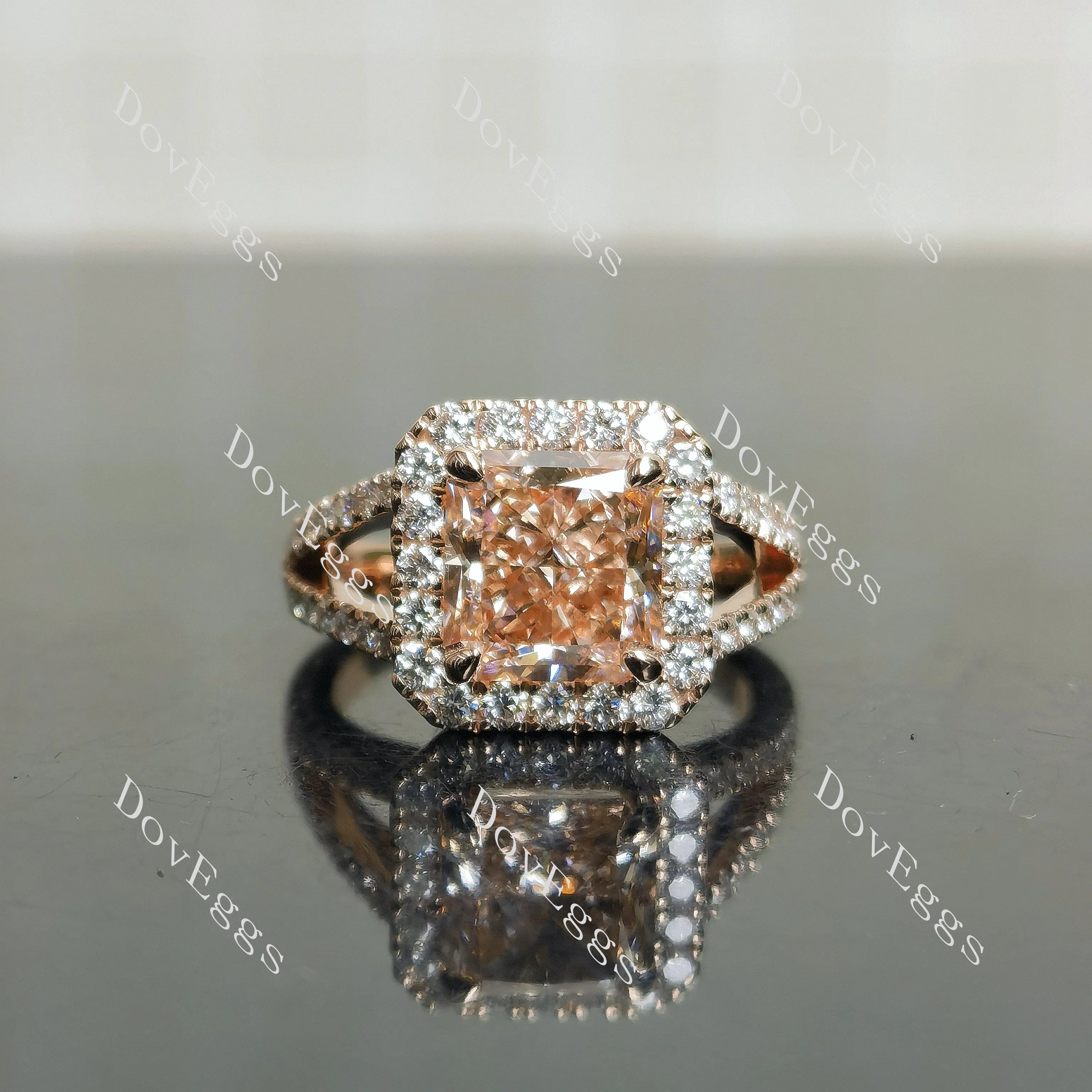 Radiant halo split shanks moissanite engagement ring| DovEggs