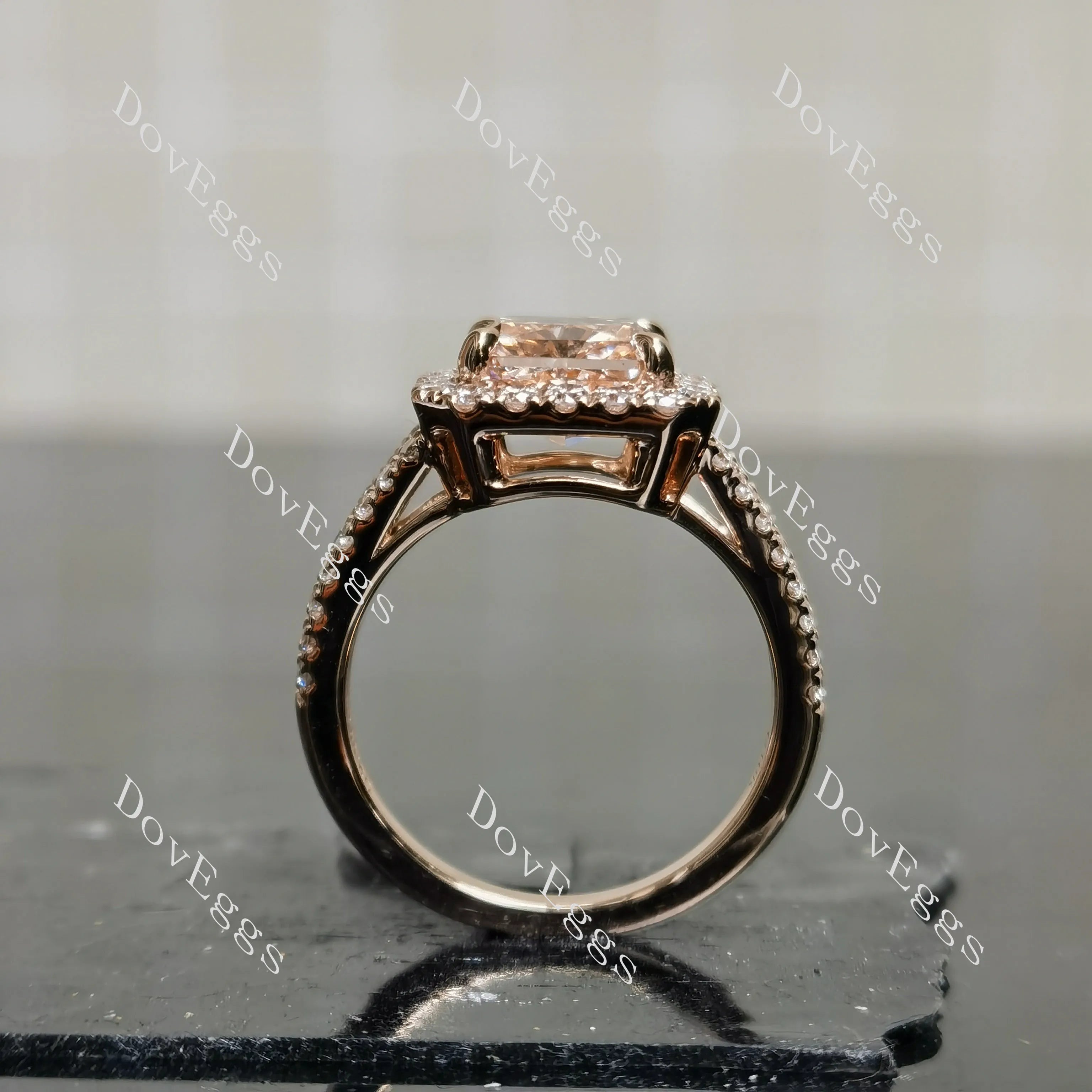 Radiant halo split shanks moissanite engagement ring| DovEggs