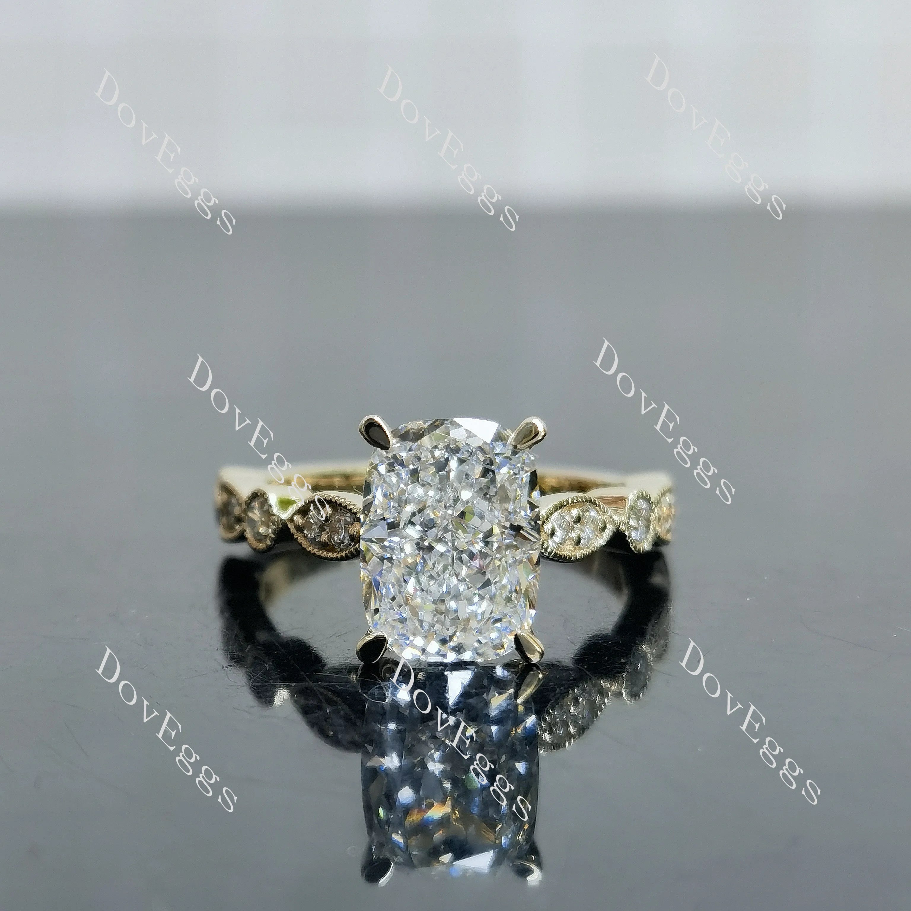 Cushion side stones moissanite engagement ring| DovEggs