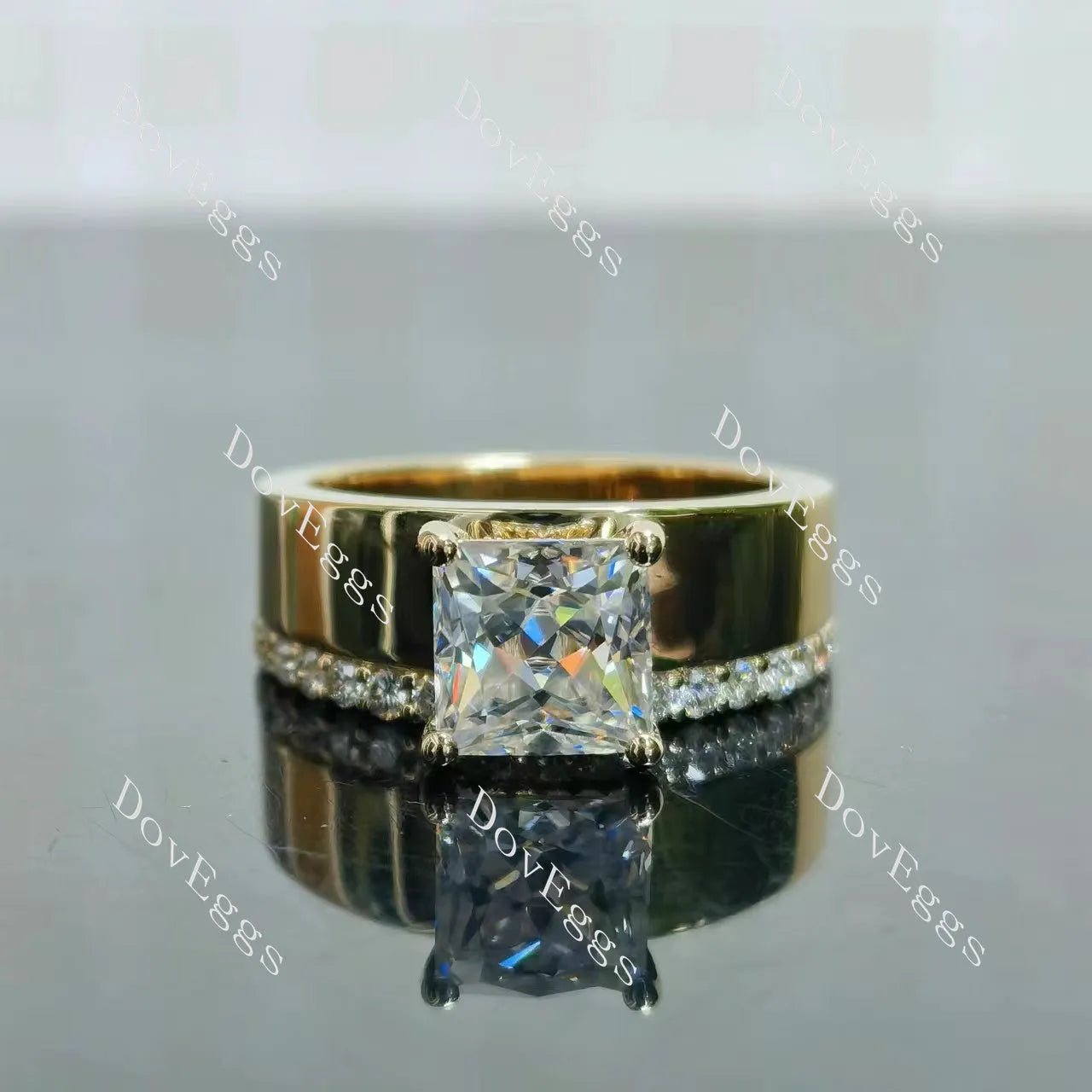 Princess pave moissanite additional stone band engagement ring| DovEggs