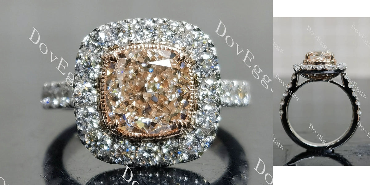 Pink Rose-Cushion bezel halo half eternity moissanite engagement ring| DovEggs