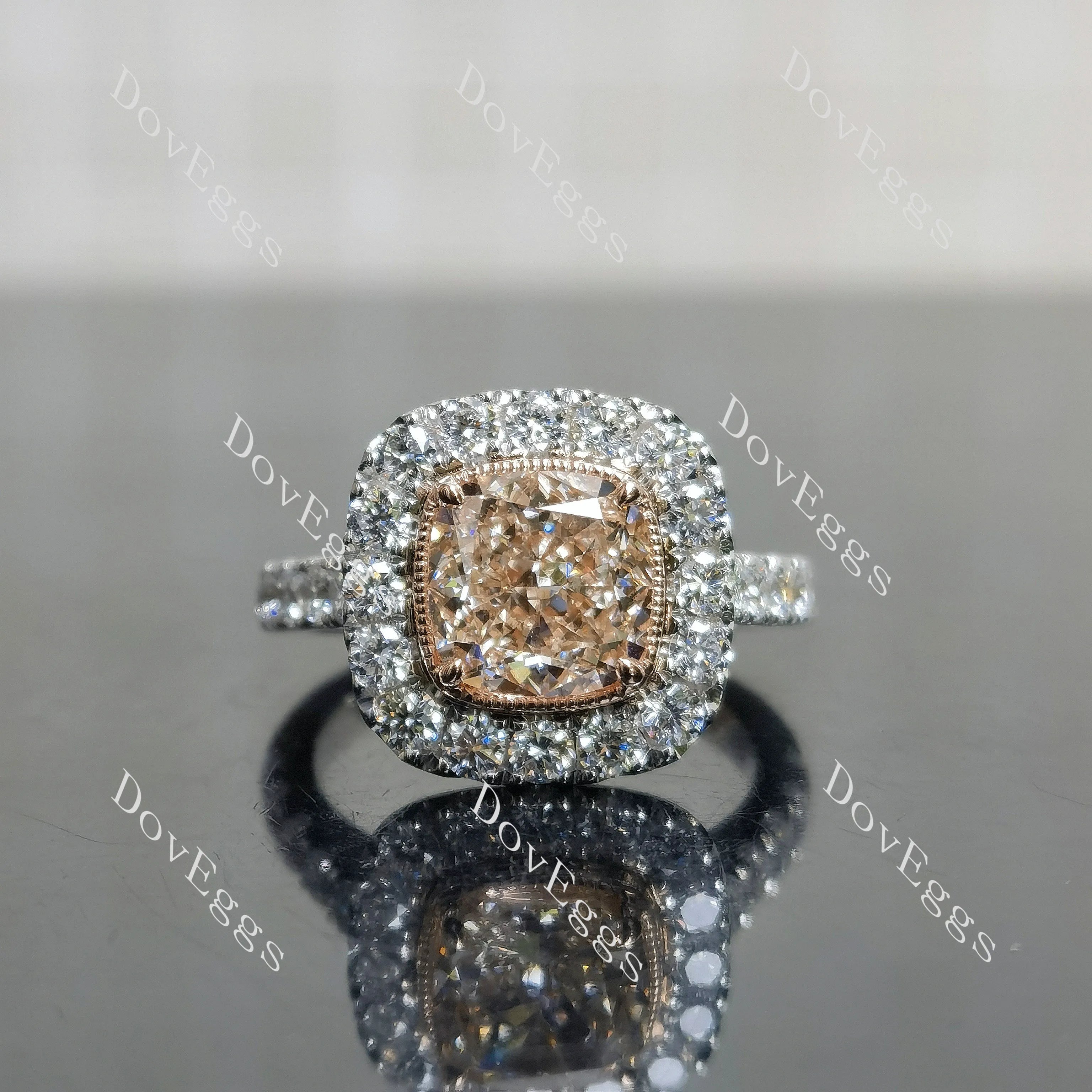 Pink Rose-Cushion bezel halo half eternity moissanite engagement ring| DovEggs