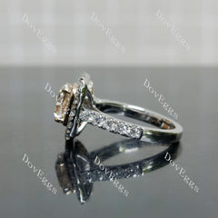 Pink Rose-Cushion bezel halo half eternity moissanite engagement ring| DovEggs