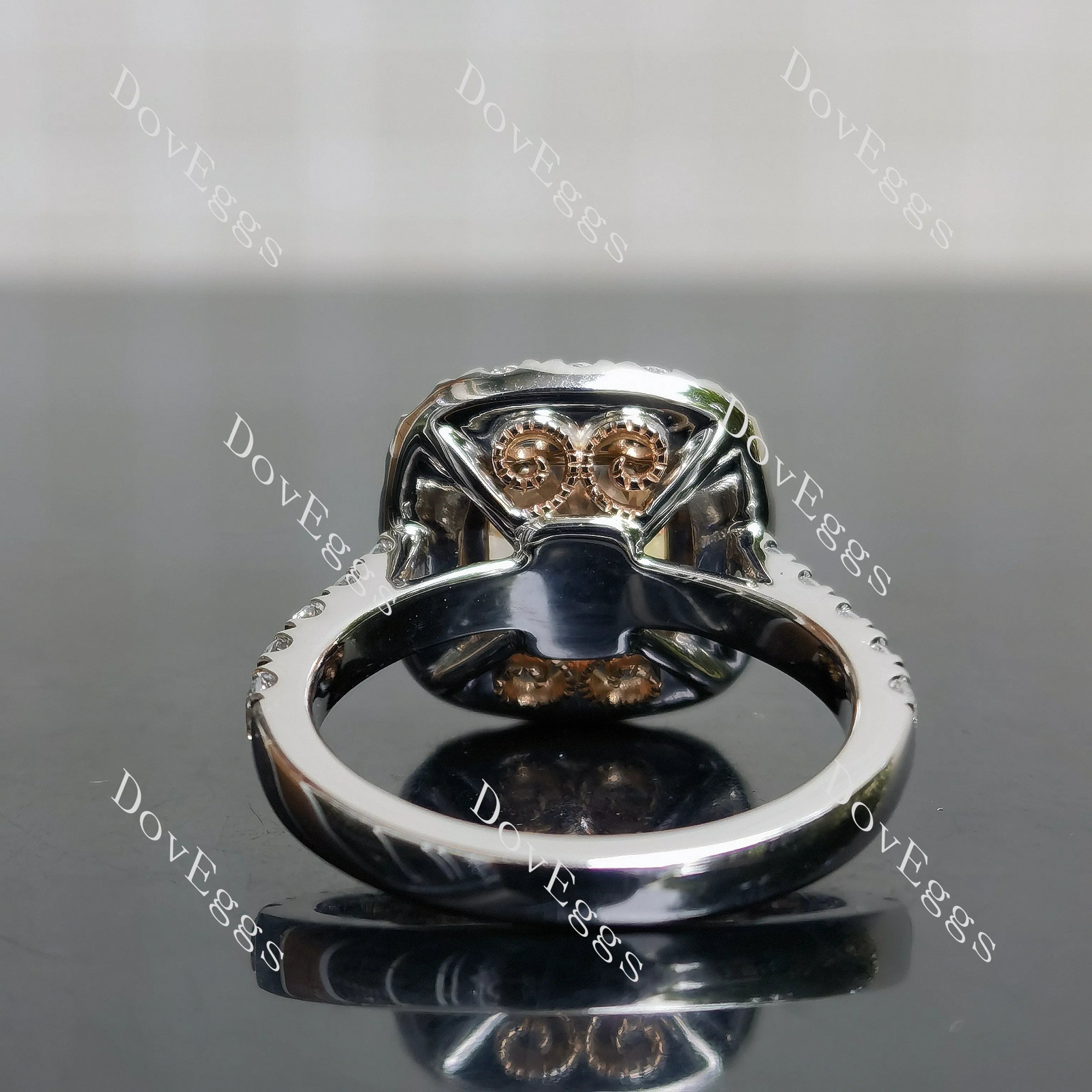 Pink Rose-Cushion bezel halo half eternity moissanite engagement ring| DovEggs