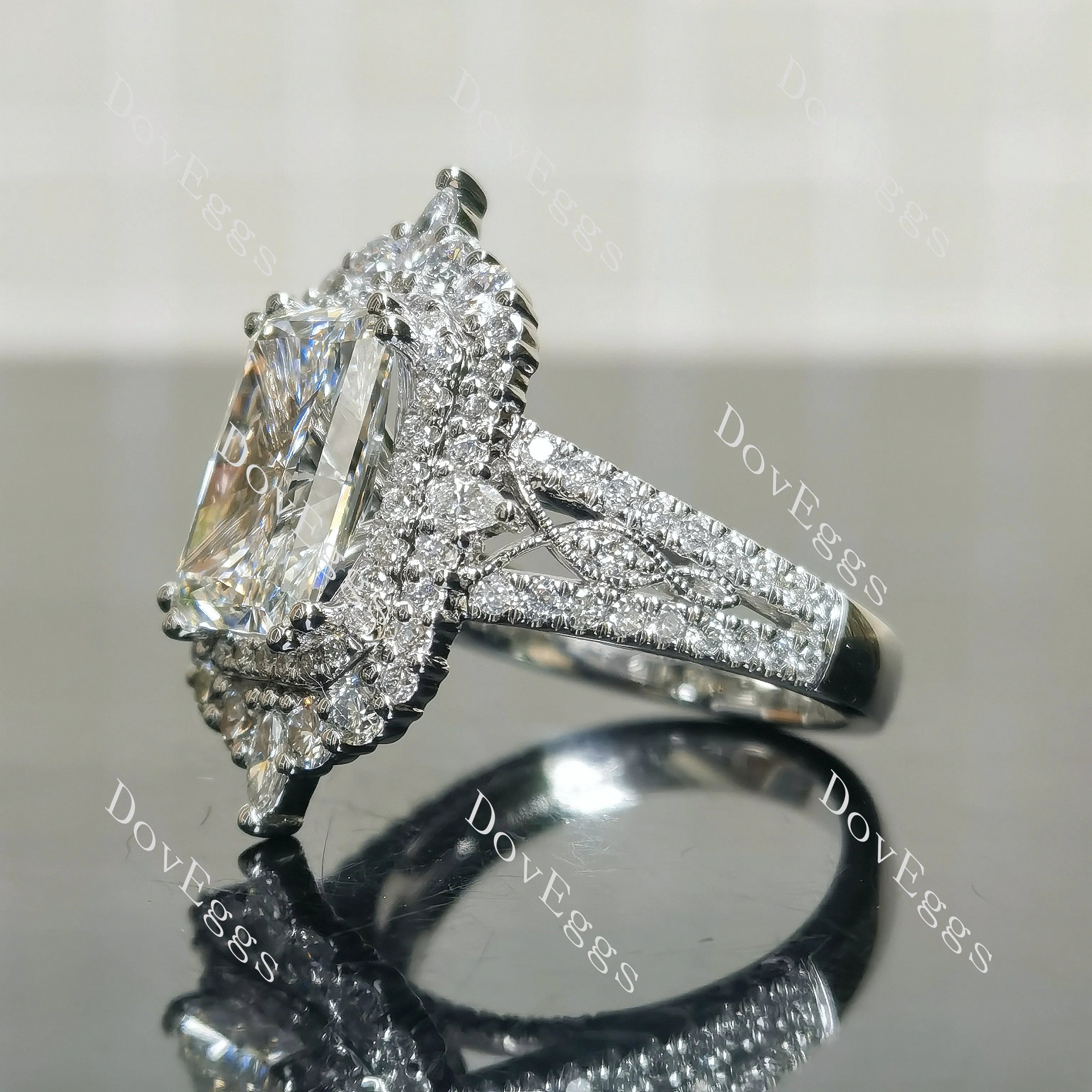 Radiant halo pave vintage moissanite engagement ring| DovEggs