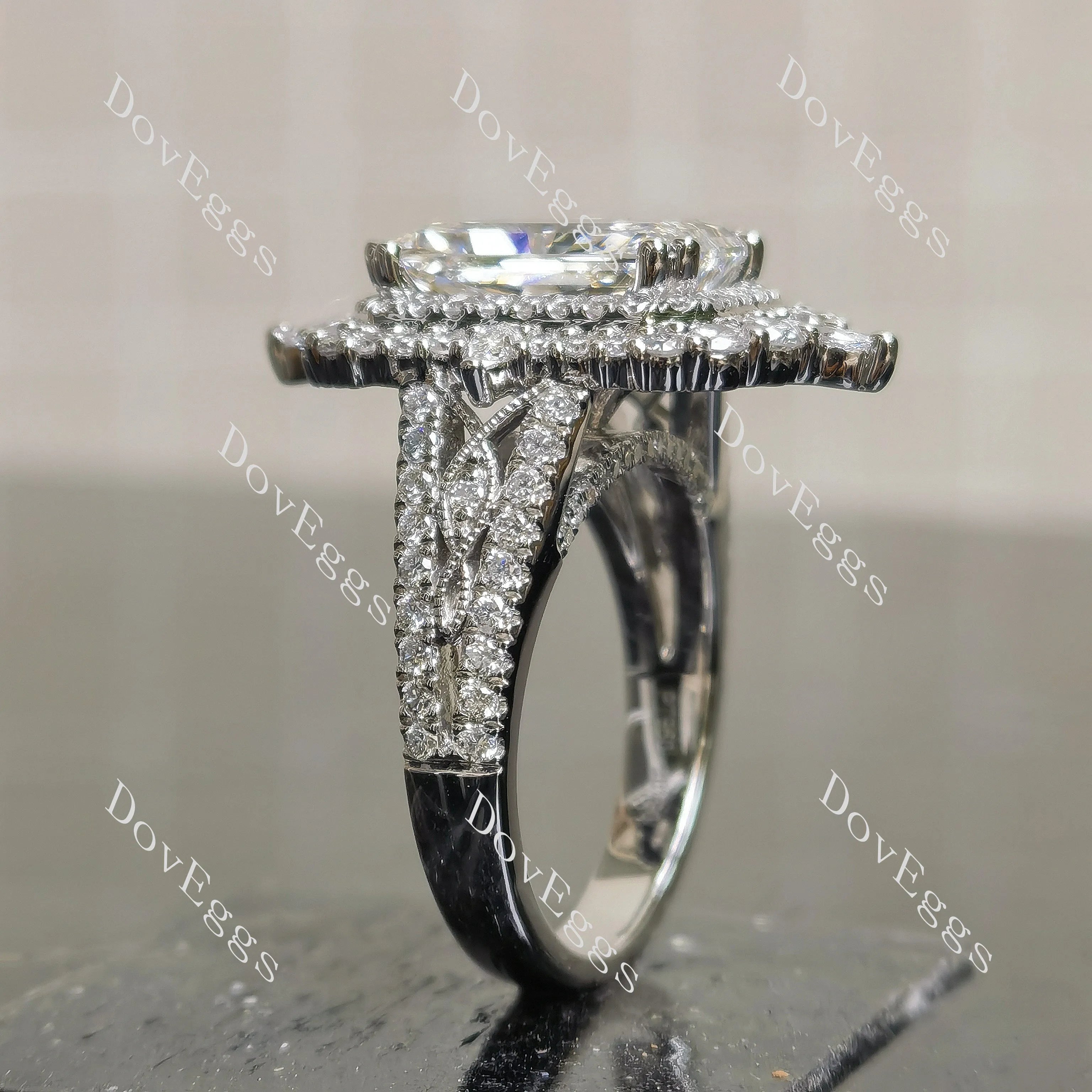 Radiant halo pave vintage moissanite engagement ring| DovEggs