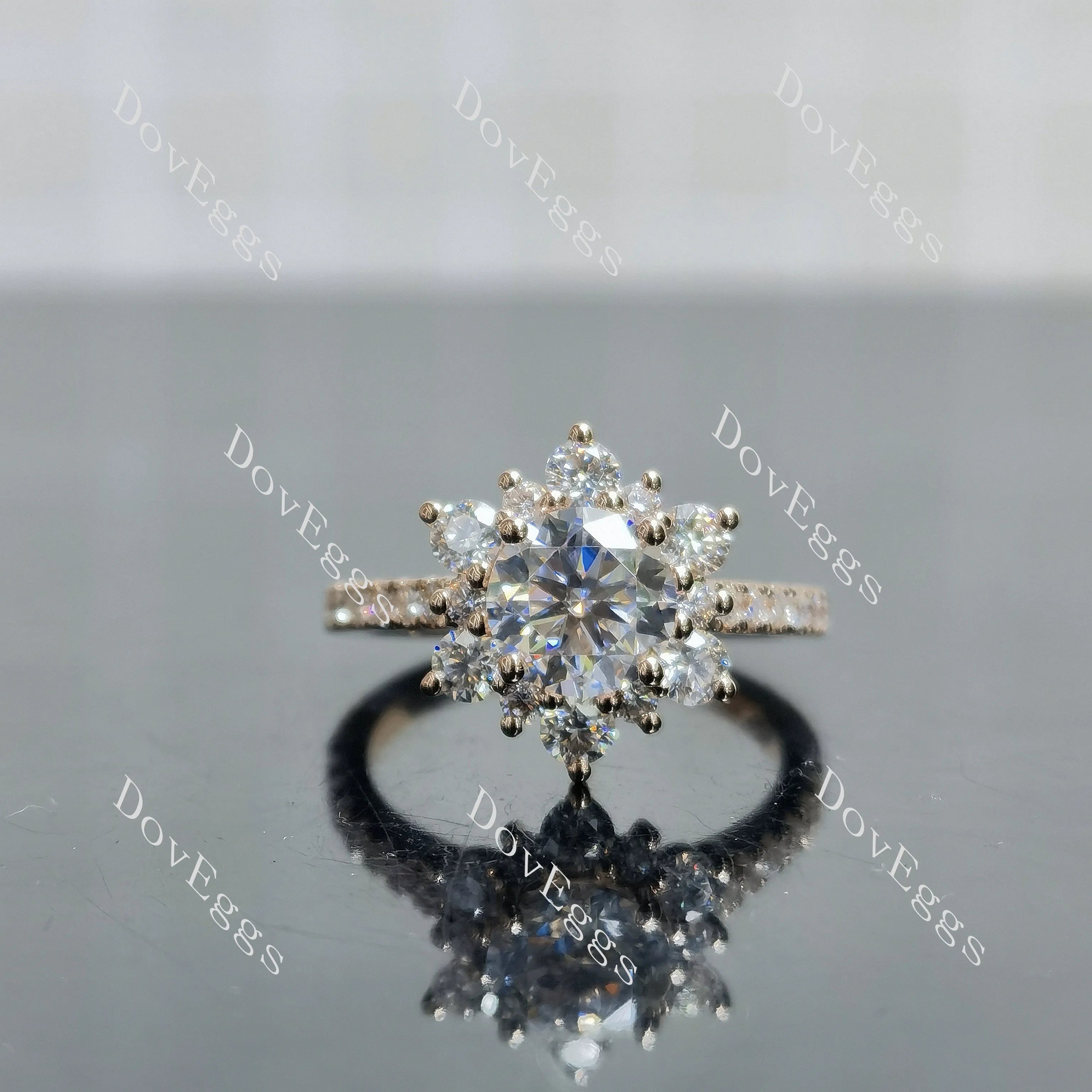 Round floral half eternity moissanite engagement ring| DovEggs