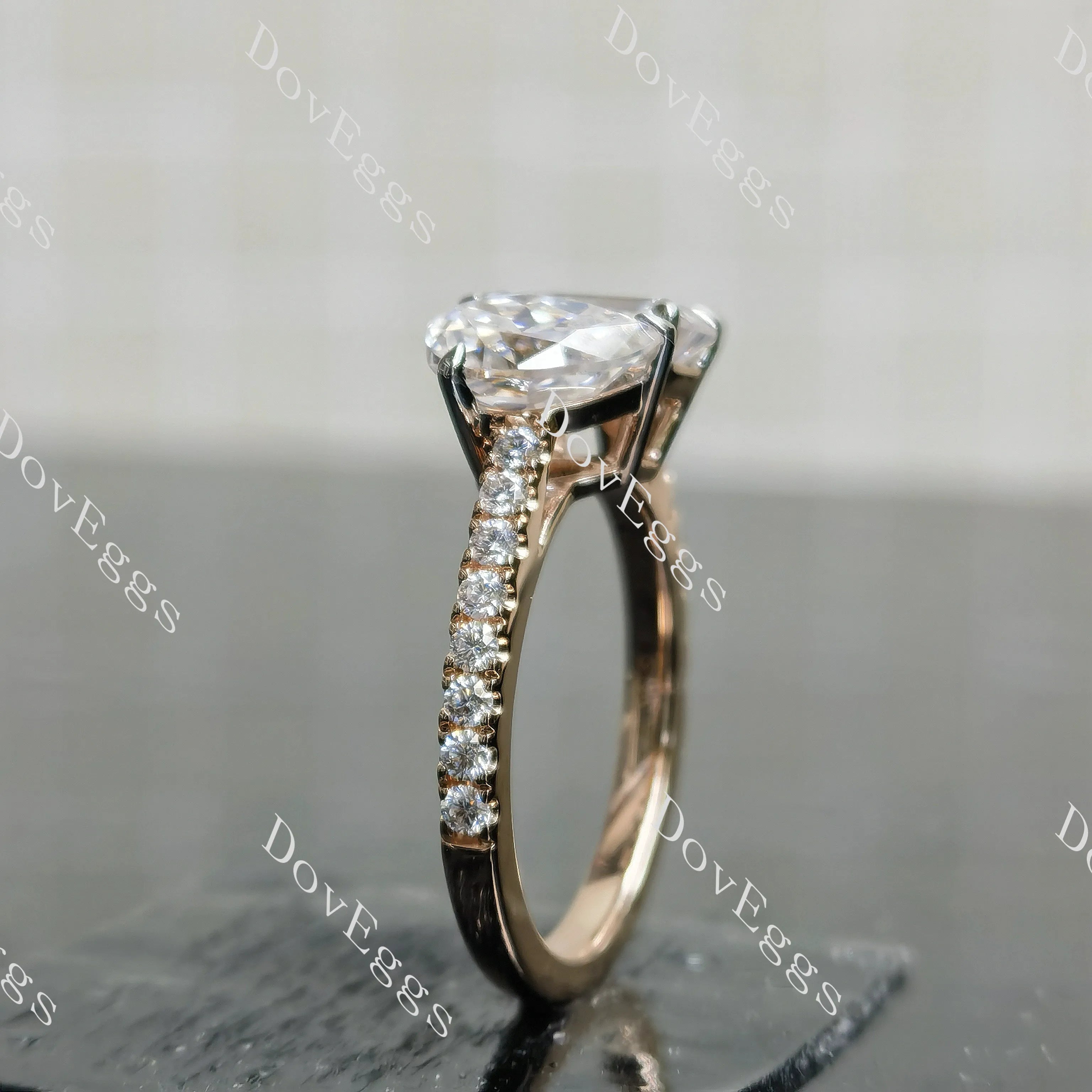 Pear emerald pave two stones moissanite engagement ring| DovEggs