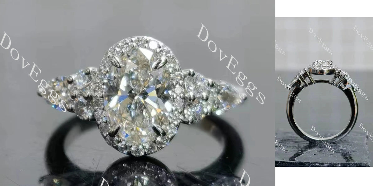 Oval halo side stones moissanite engagement ring| DovEggs