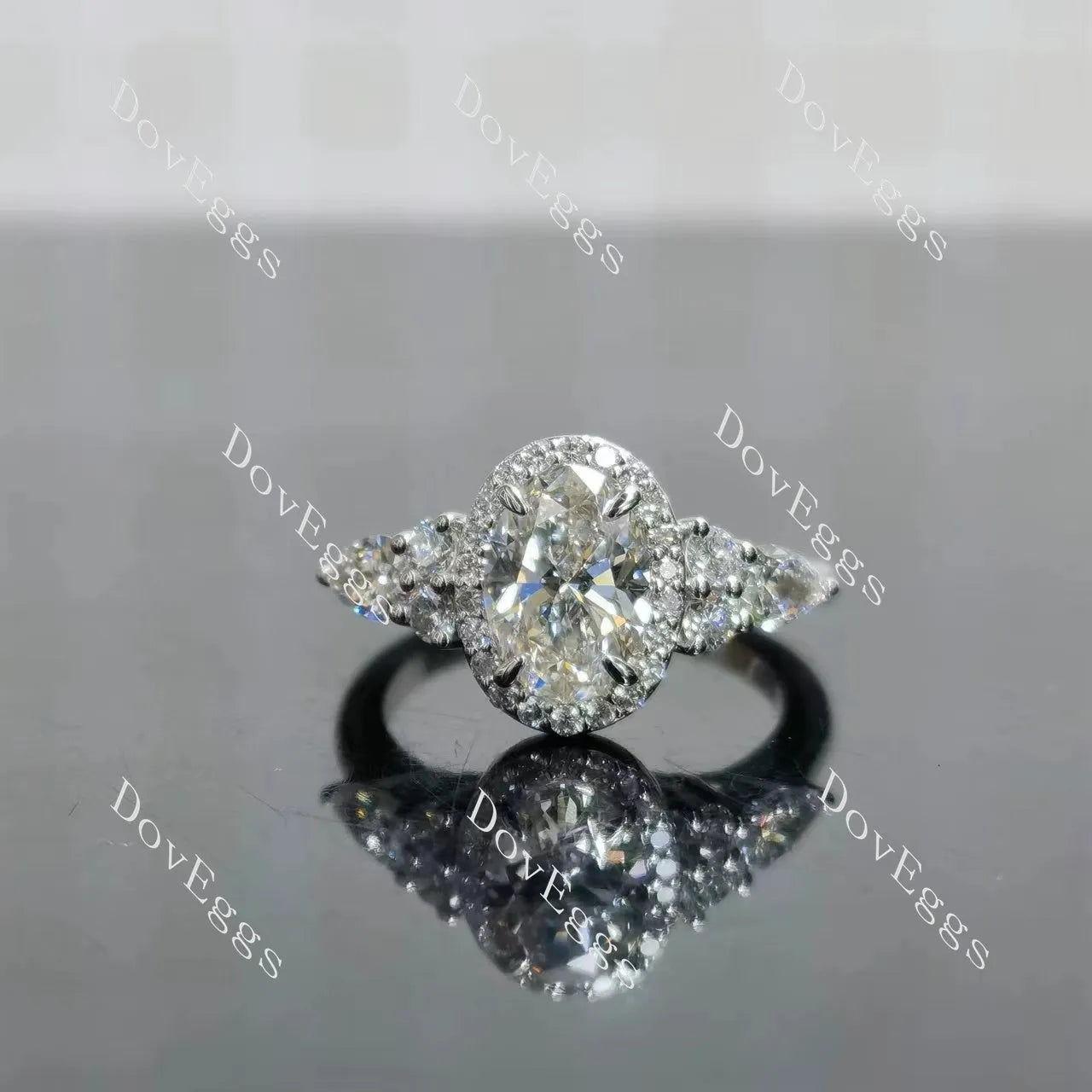Oval halo side stones moissanite engagement ring| DovEggs