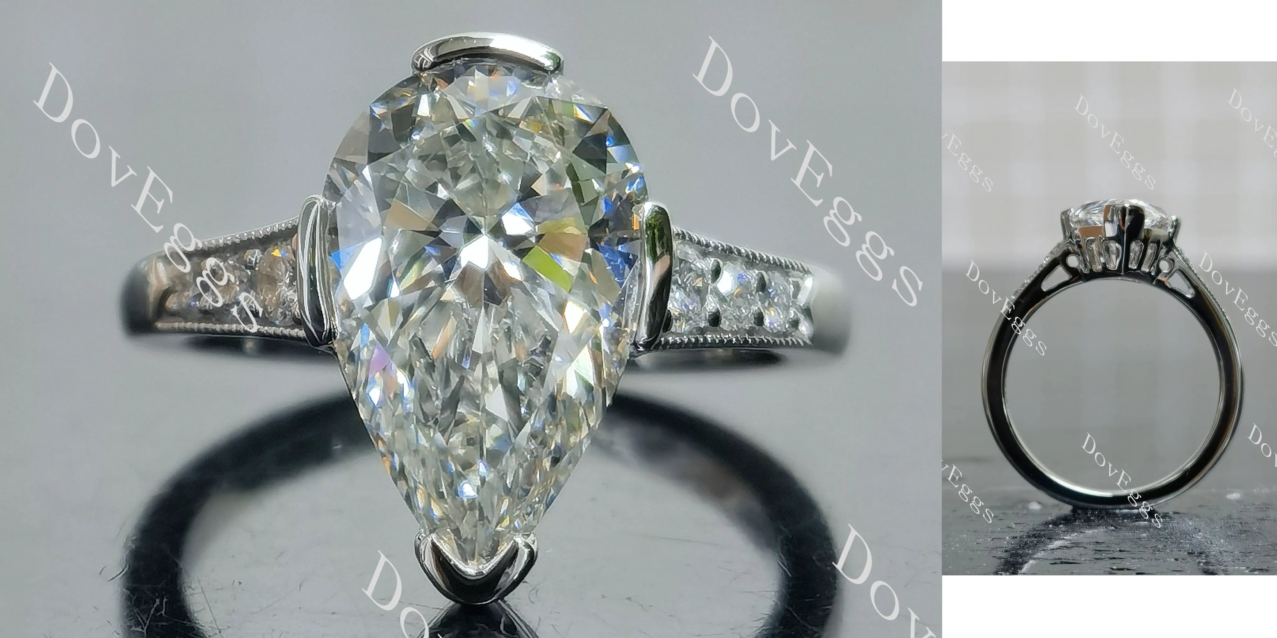 Pear pave art deco moissanite engagement ring| DovEggs