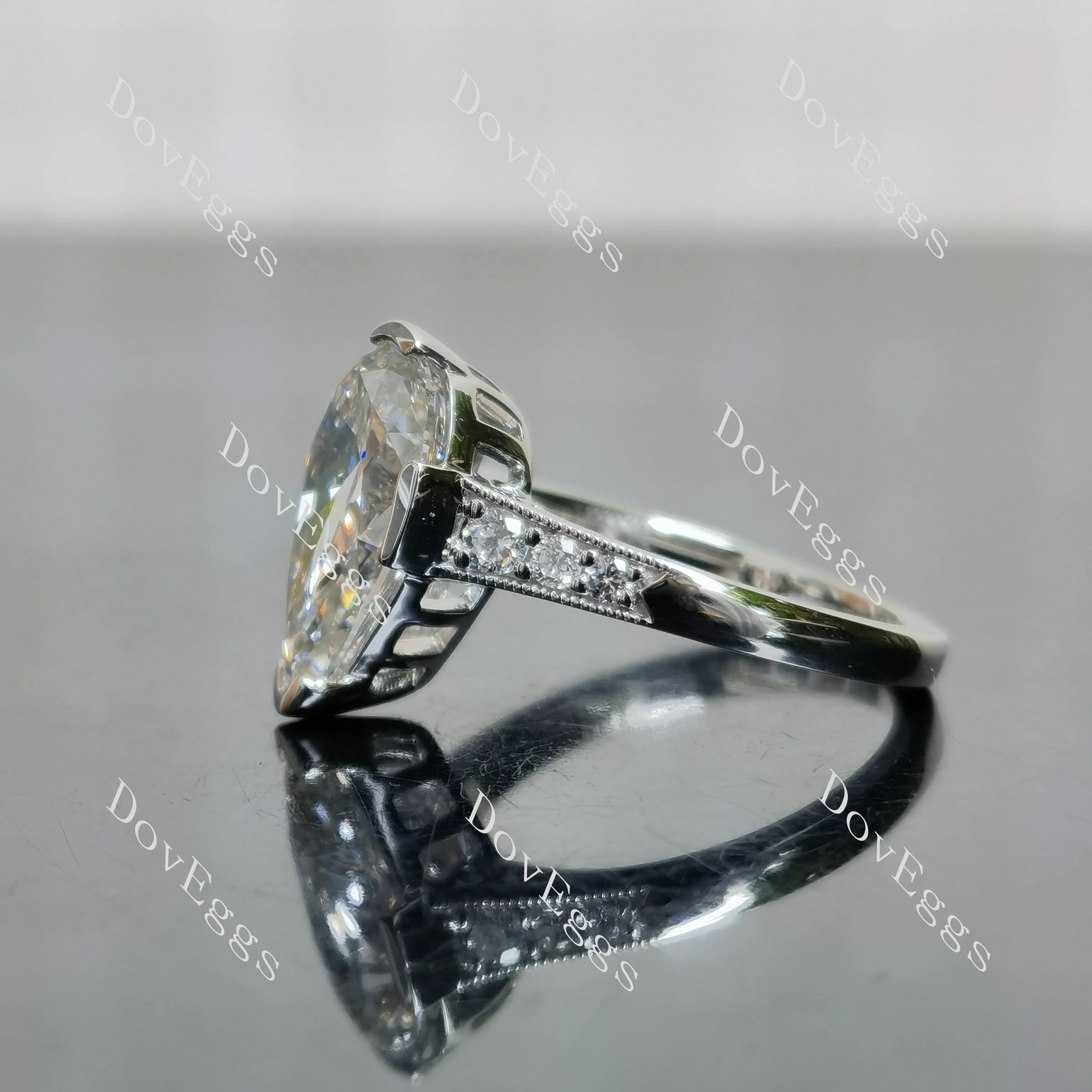 Pear pave art deco moissanite engagement ring| DovEggs