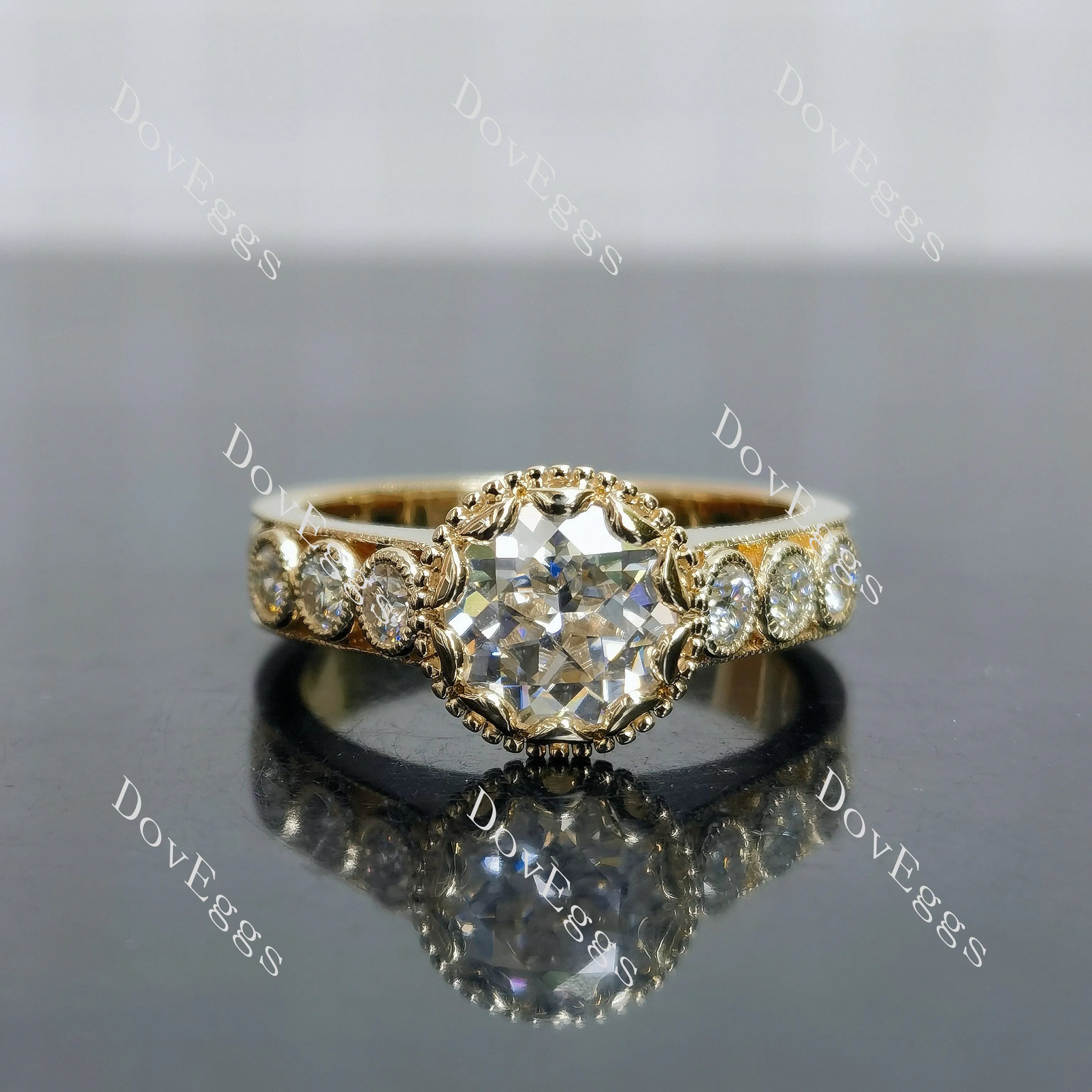 Round bezel pave art deco vintage moissanite engagement ring| DovEggs