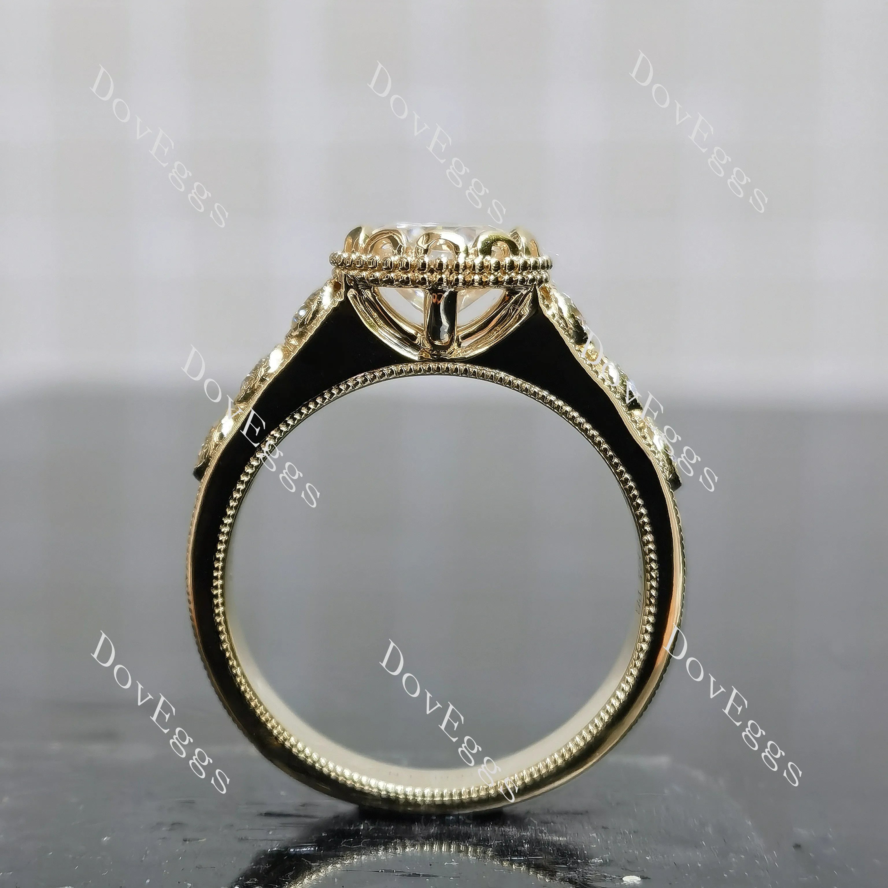 Round bezel pave art deco vintage moissanite engagement ring| DovEggs
