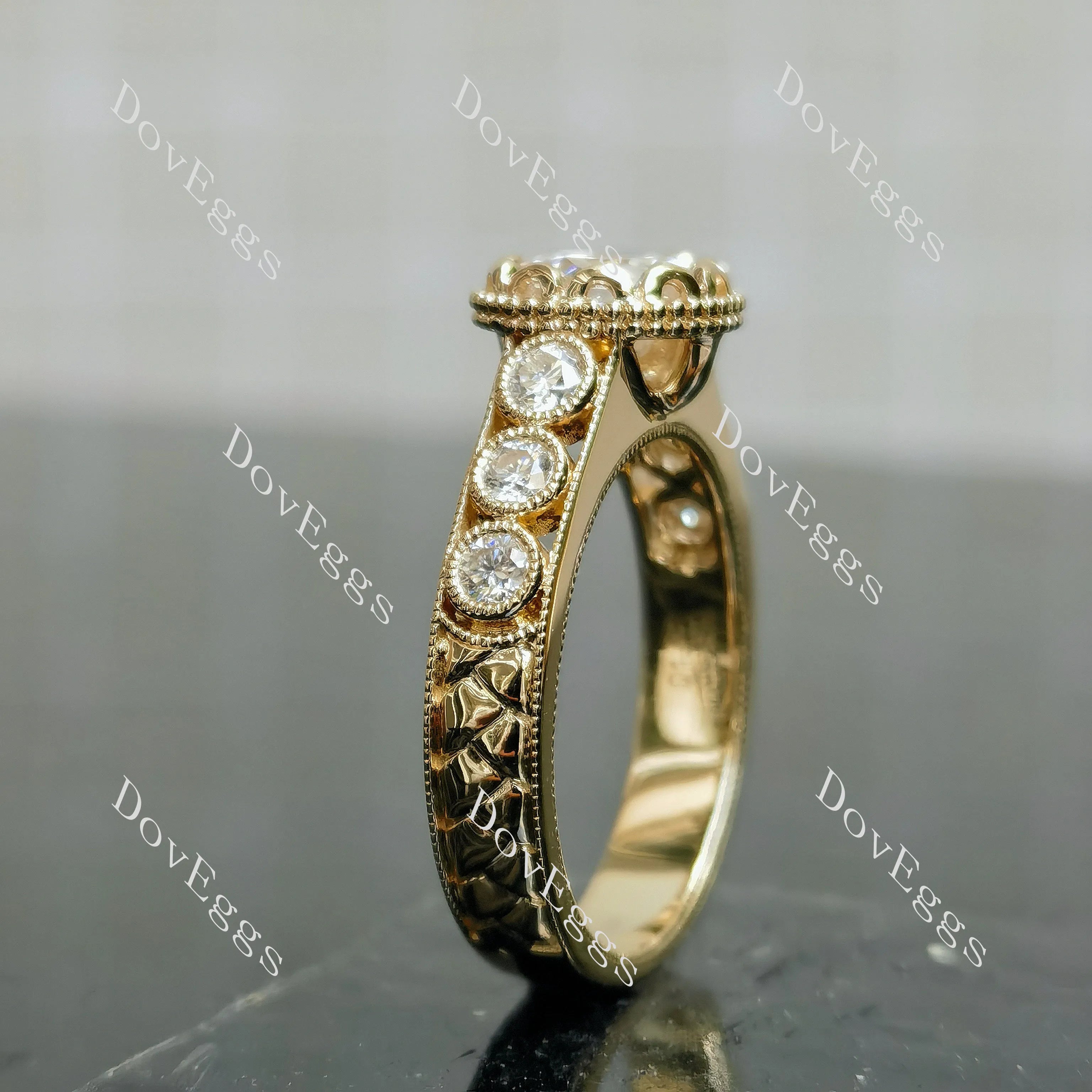 Round bezel pave art deco vintage moissanite engagement ring| DovEggs