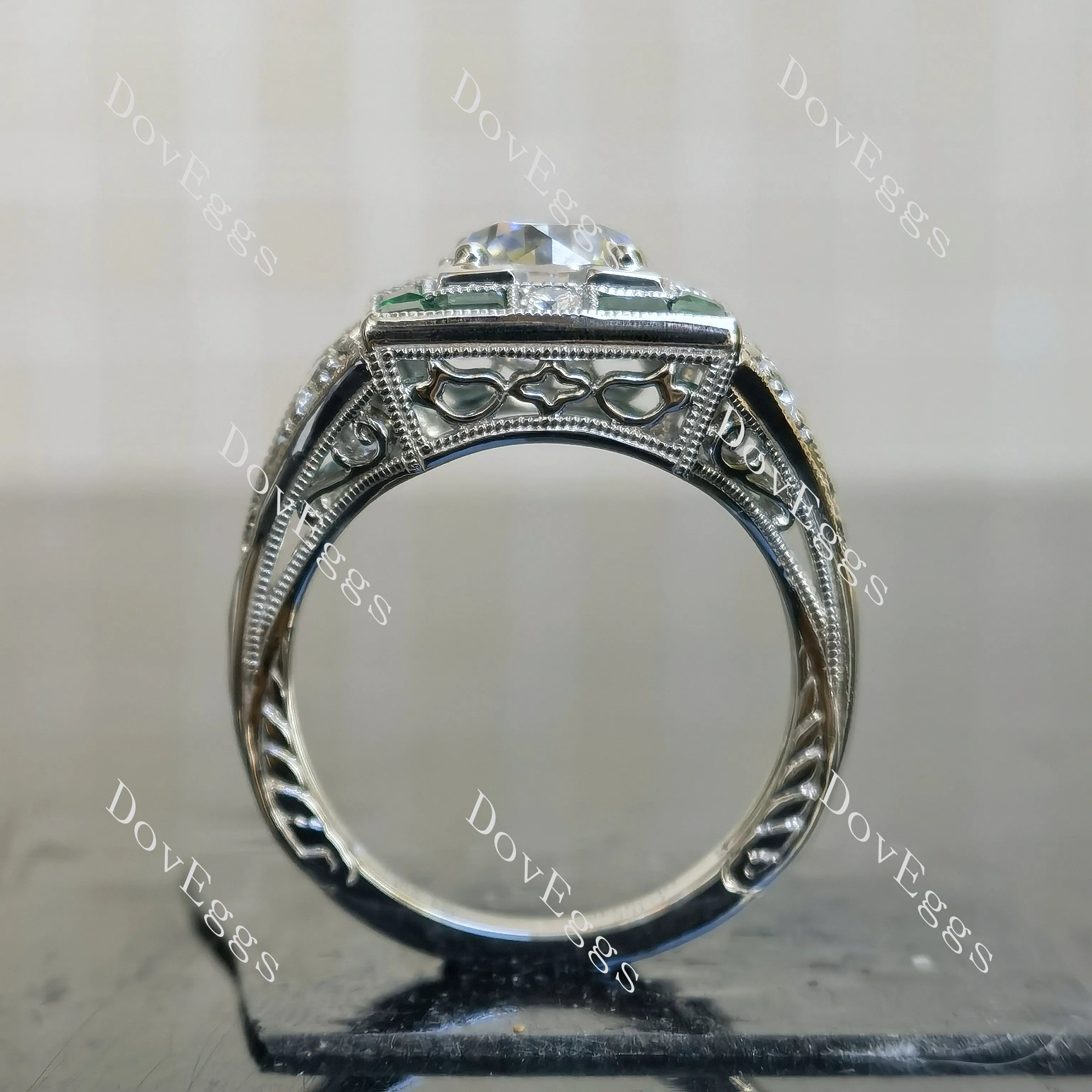 Round pave art deco vintage moissanite engagement ring| DovEggs