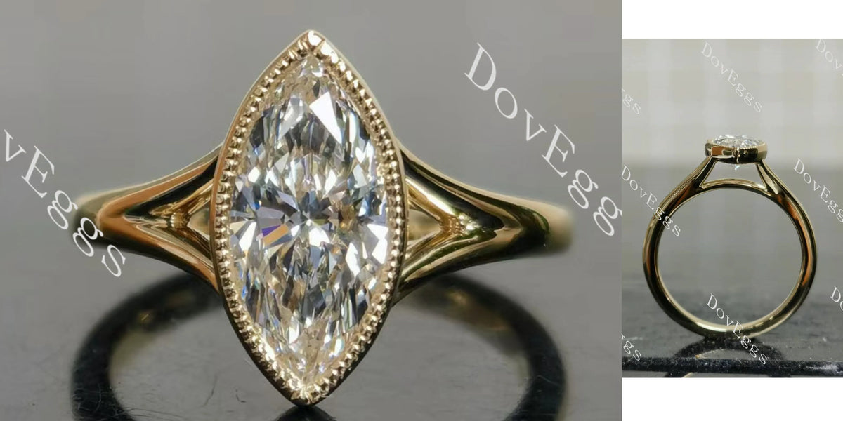 Marquise bezel solitaire split shanks moissanite engagement ring| DovEggs
