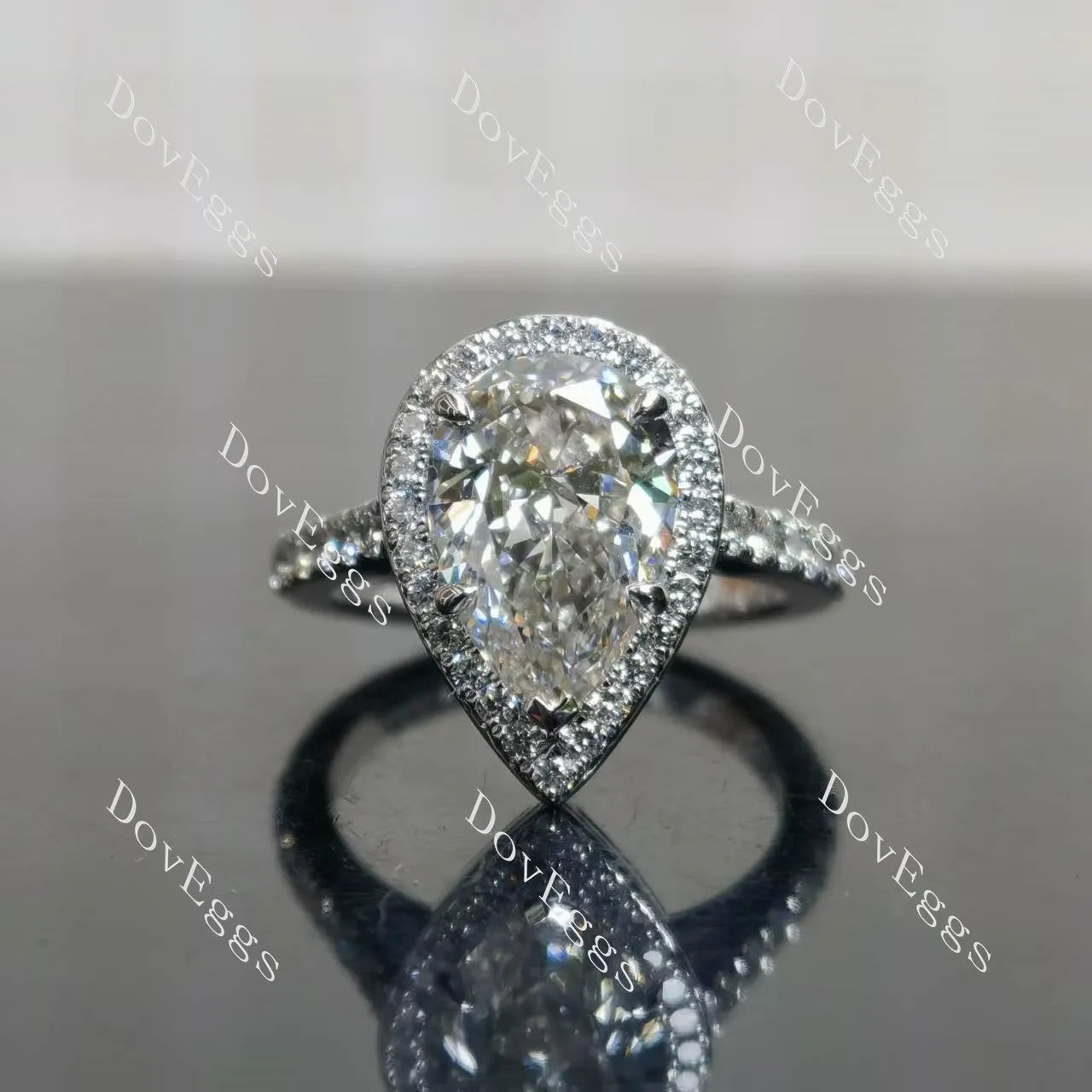 The Shana Rae-Pear vintage halo pave moissanite engagement ring| DovEggs
