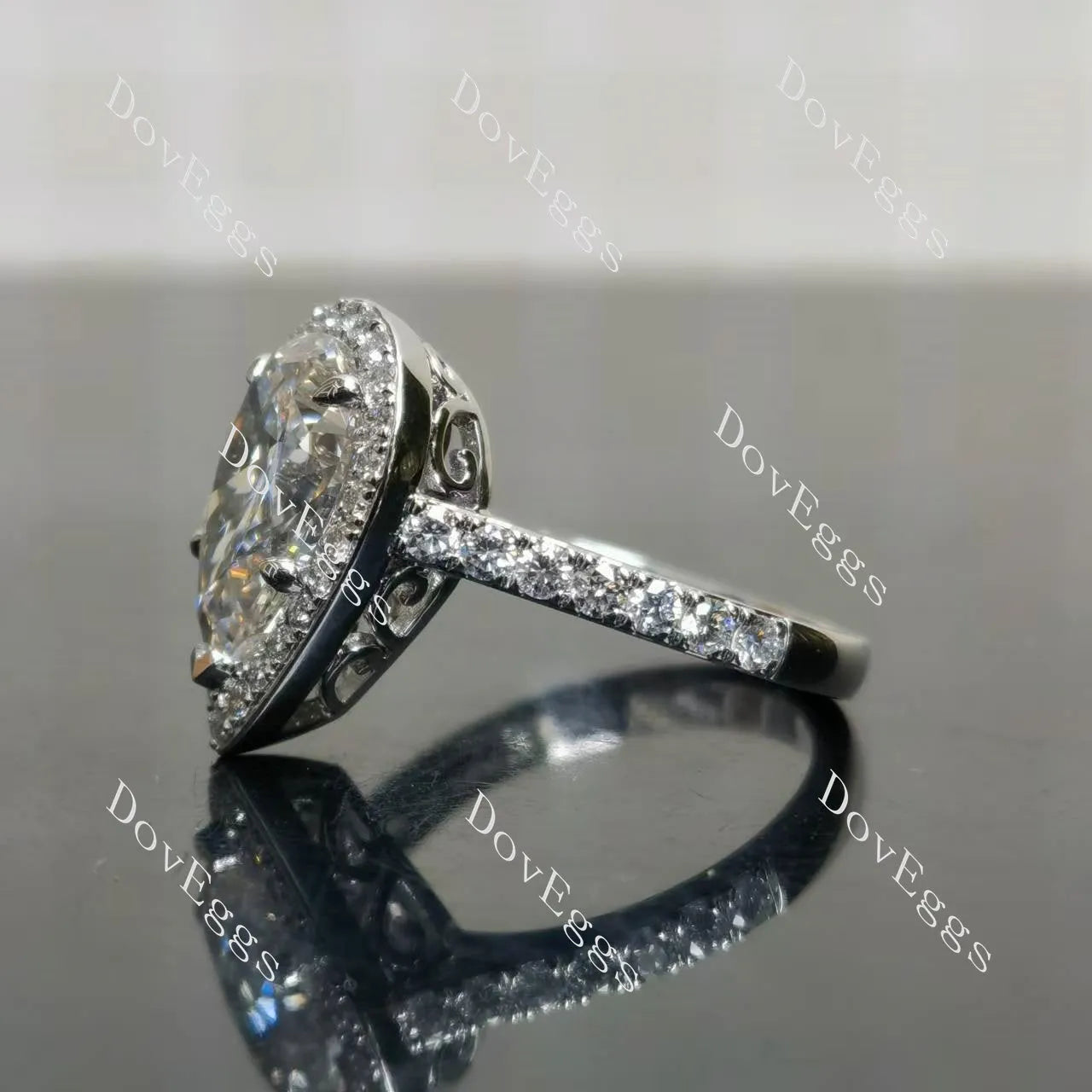 The Shana Rae-Pear vintage halo pave moissanite engagement ring| DovEggs