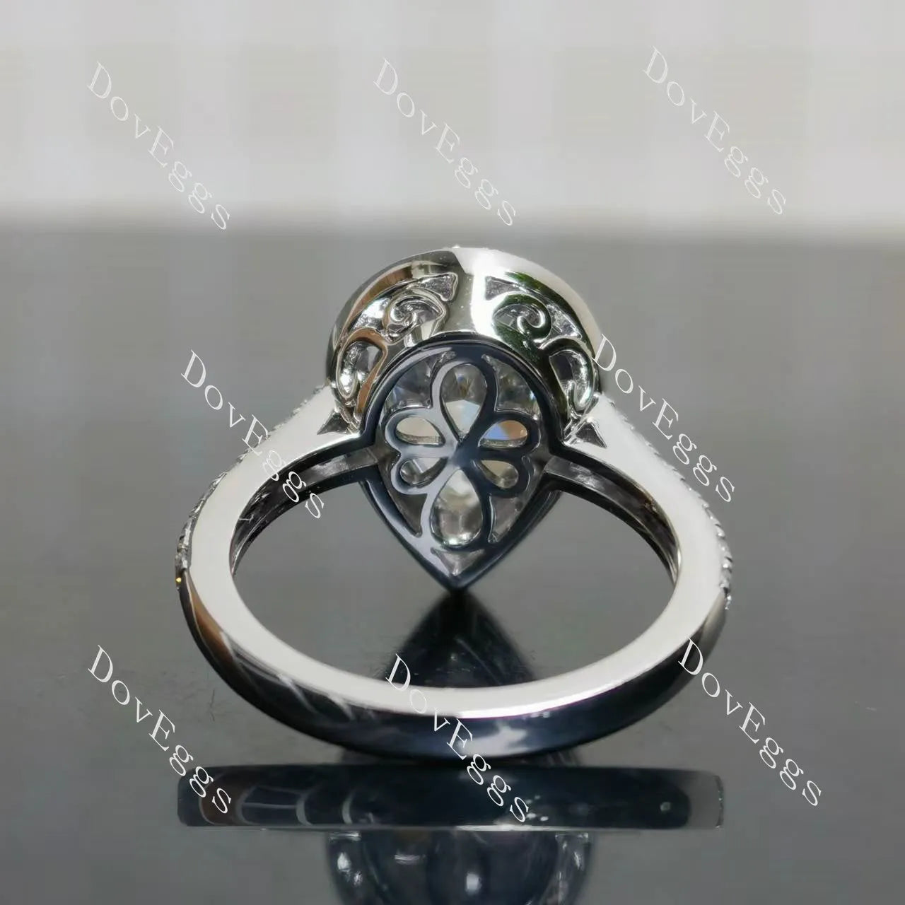 The Shana Rae-Pear vintage halo pave moissanite engagement ring| DovEggs