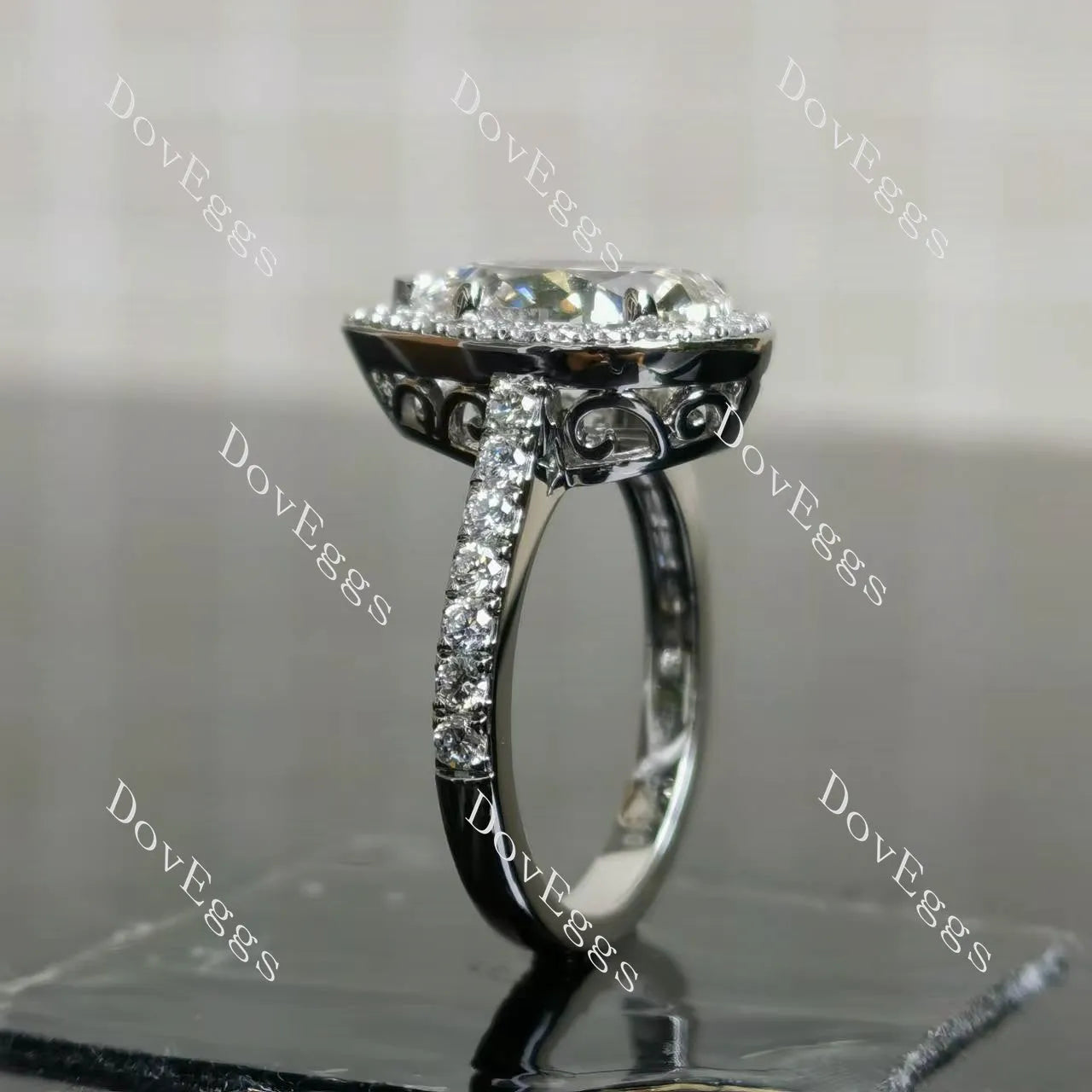 The Shana Rae-Pear vintage halo pave moissanite engagement ring| DovEggs
