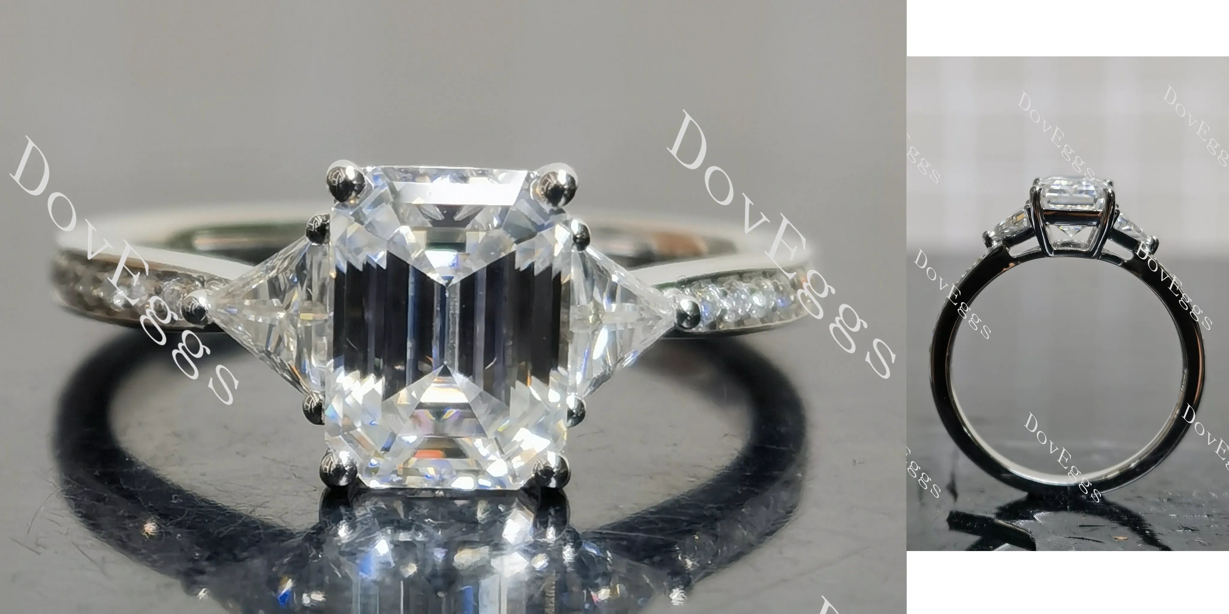 Emerald three stones pave moissanite engagement ring| DovEggs