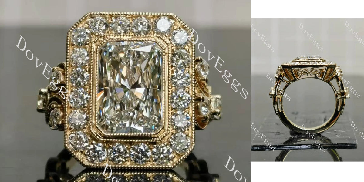 Radiant bezel halo art deco engraved arm moissanite engagement ring| DovEggs