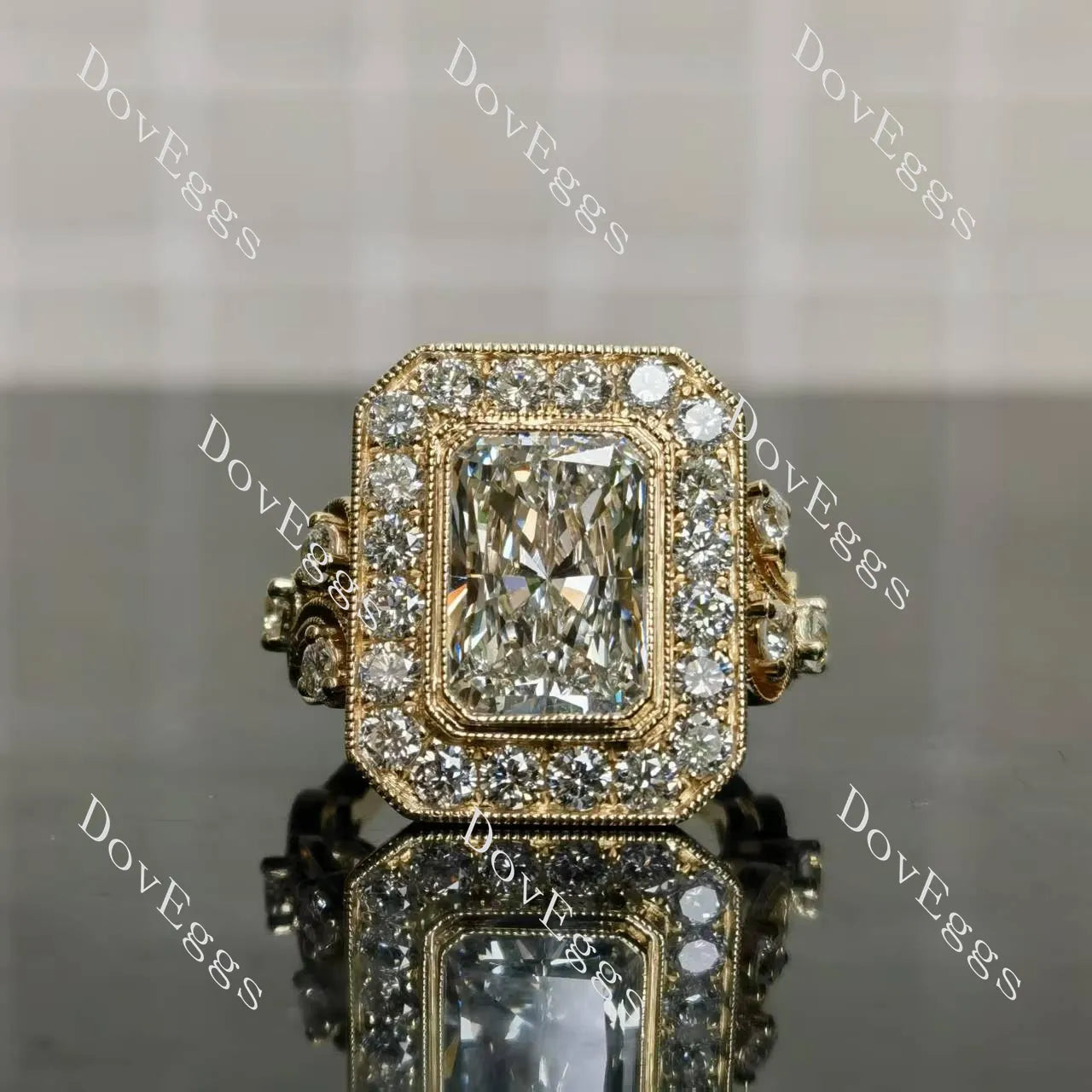Radiant bezel halo art deco engraved arm moissanite engagement ring| DovEggs