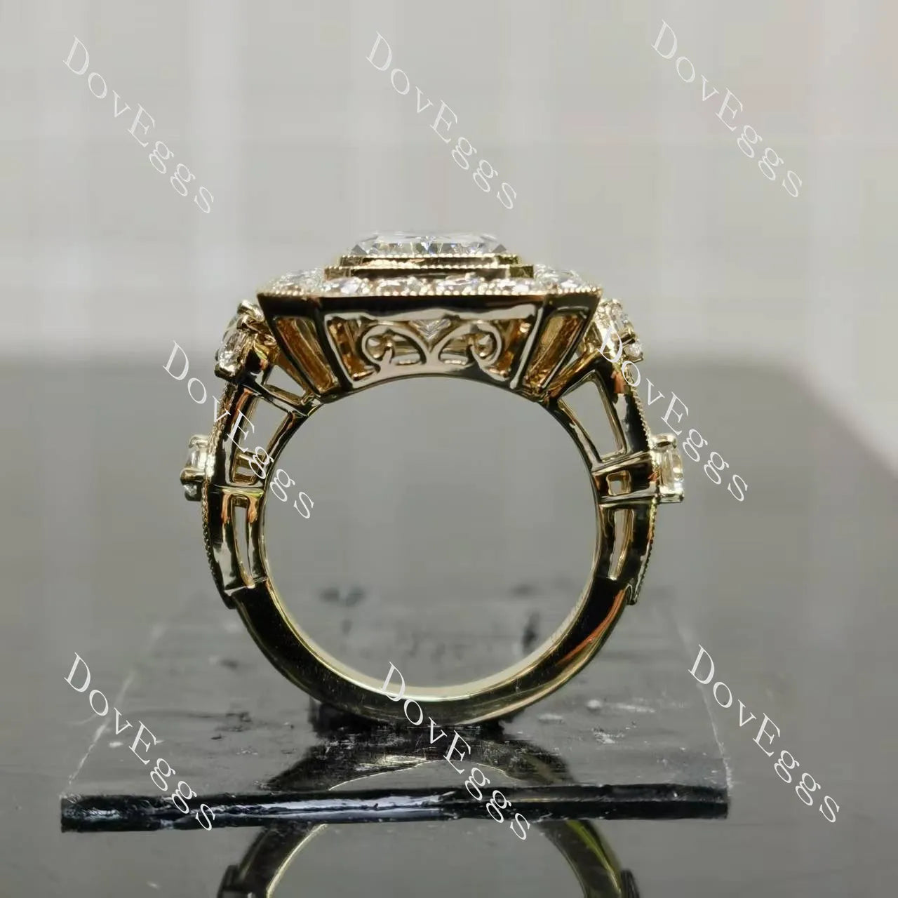 Radiant bezel halo art deco engraved arm moissanite engagement ring| DovEggs