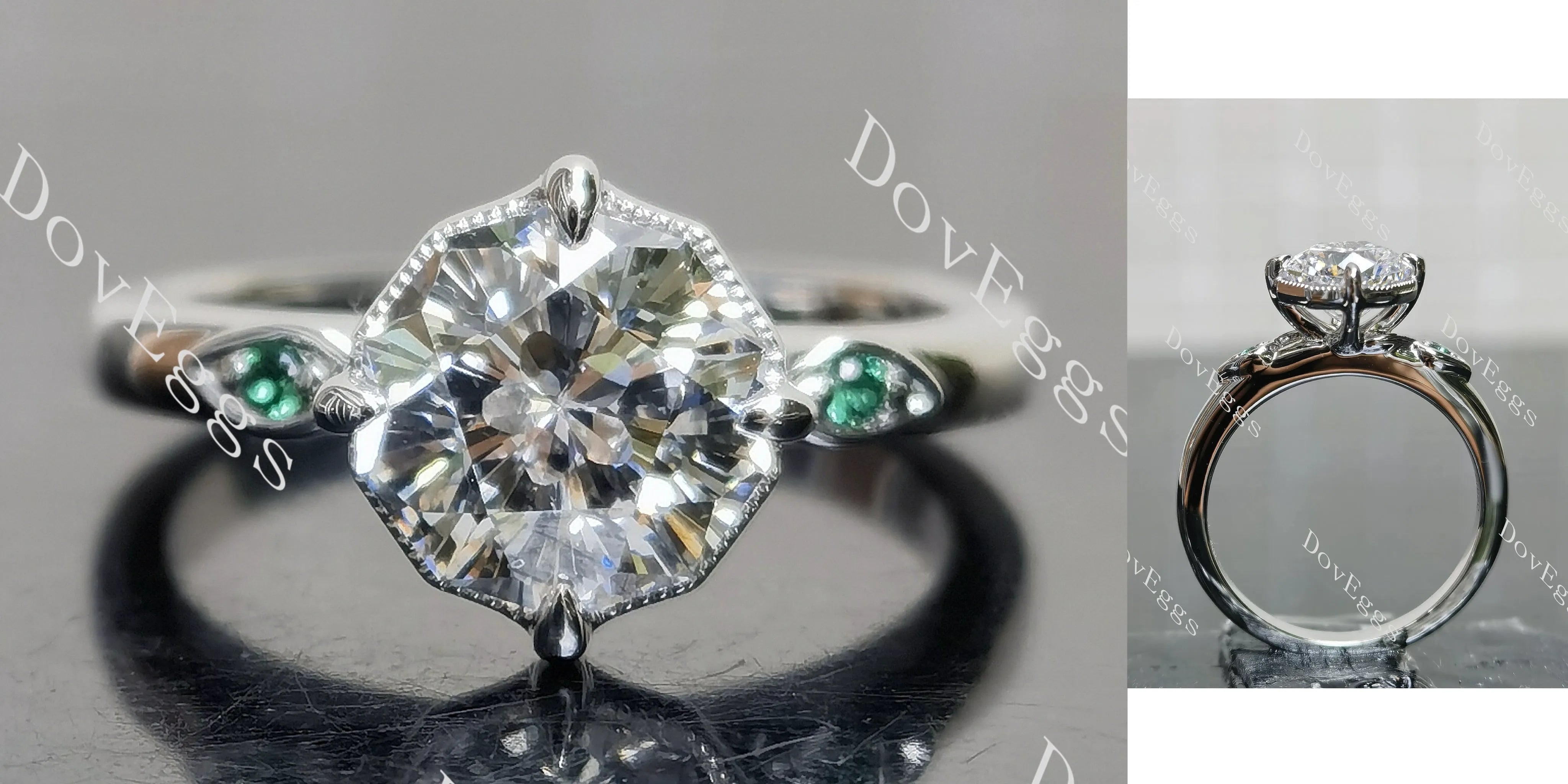 Octagon art deco side stones moissanite engagement ring| DovEggs
