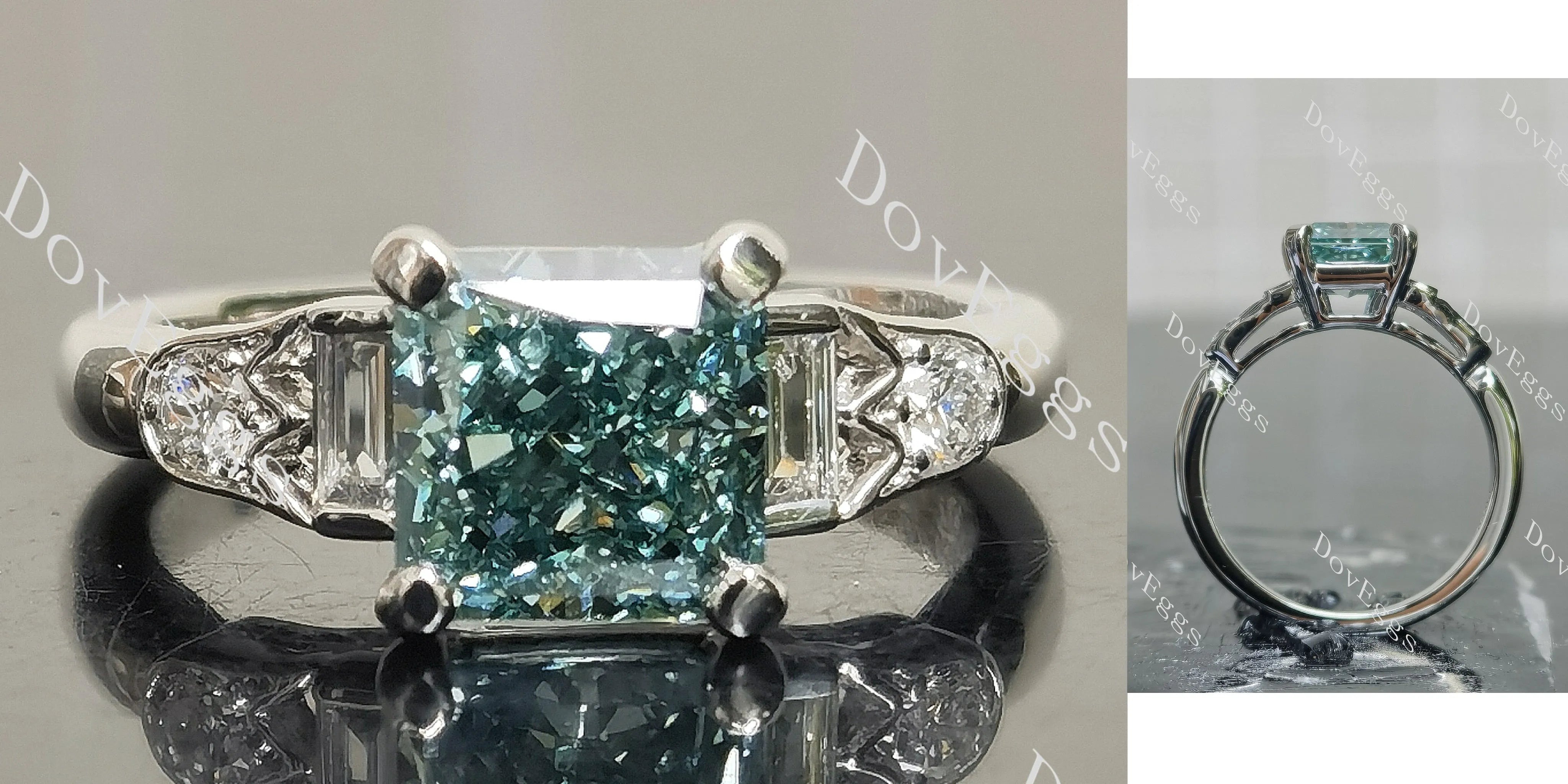 Radiant art deco side stones moissanite engagement ring| DovEggs