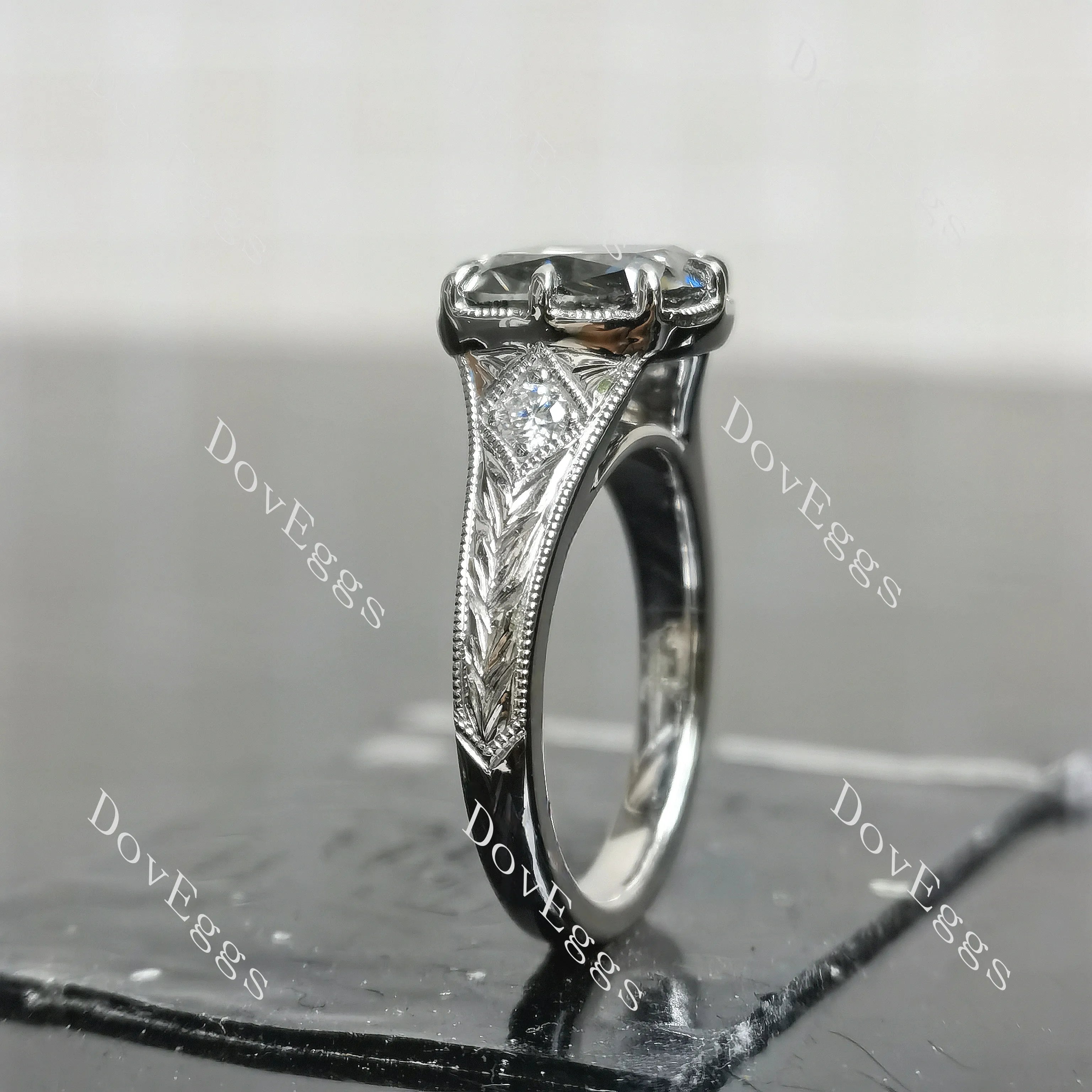 Cushion carved vintage side stones stardust grey moissanite engagement ring| DovEggs