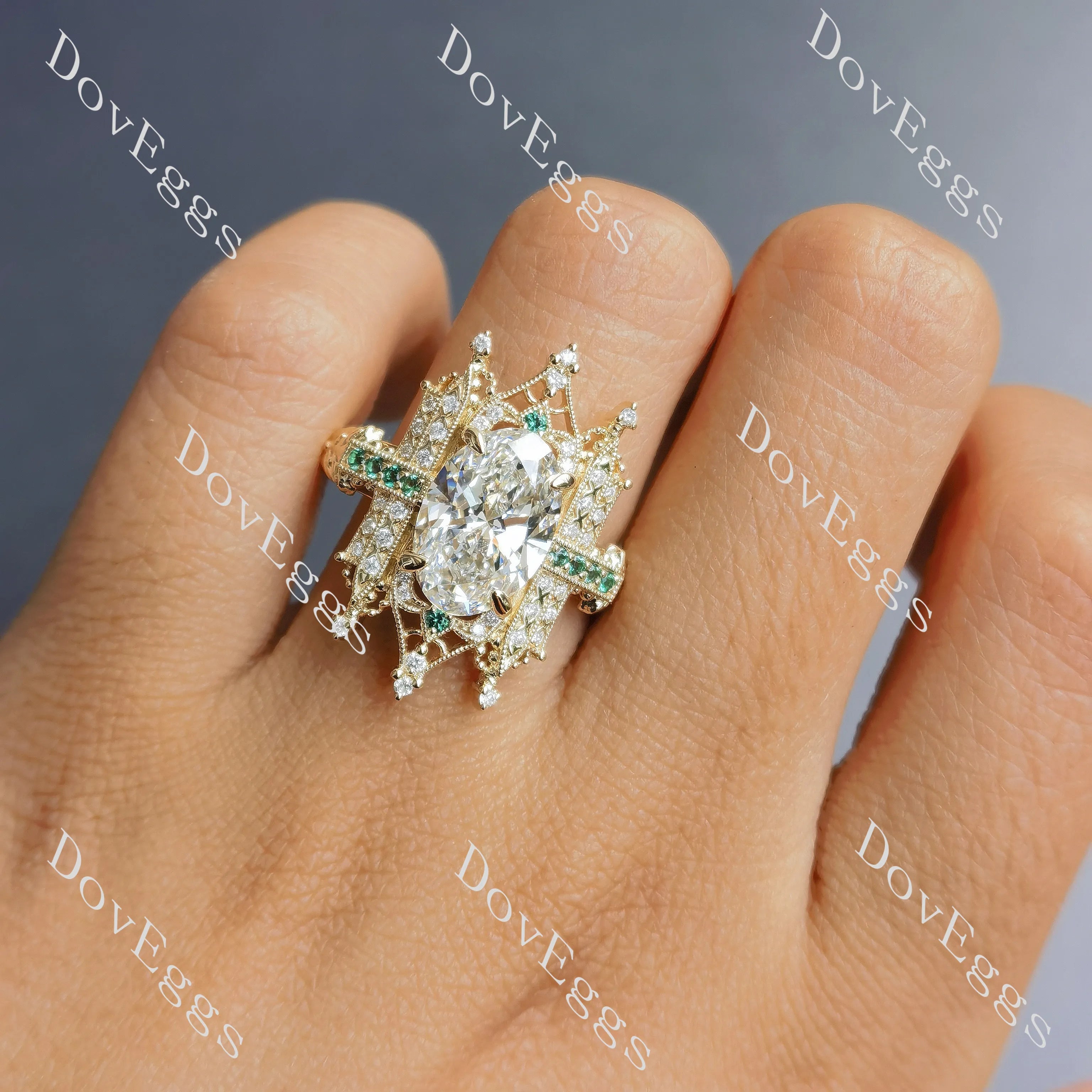 Beth's Irish Castle- Oval vintage art deco pave moissnaite engagement ring| DovEggs