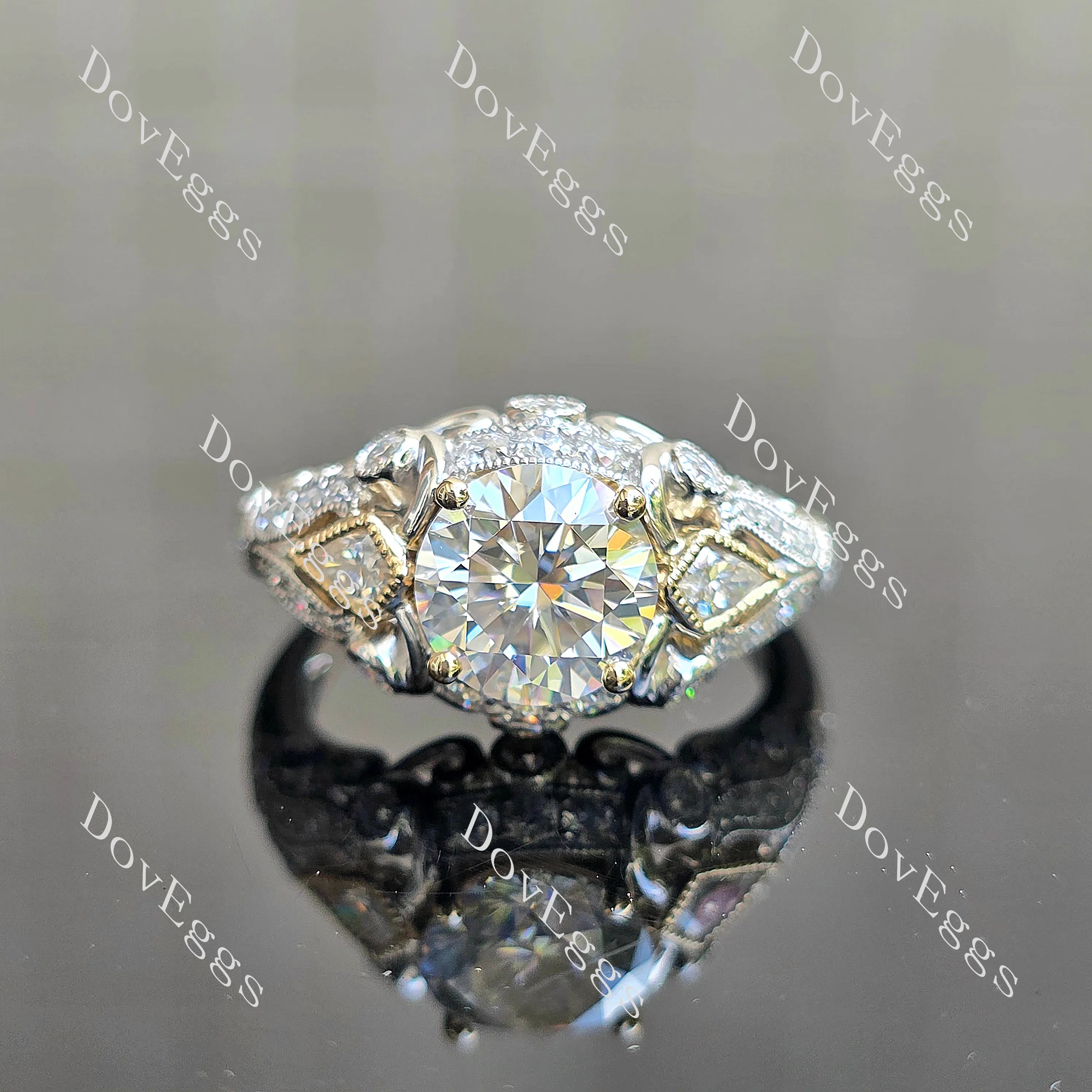 Round art deco side stones moissanite engagement ring| DovEggs