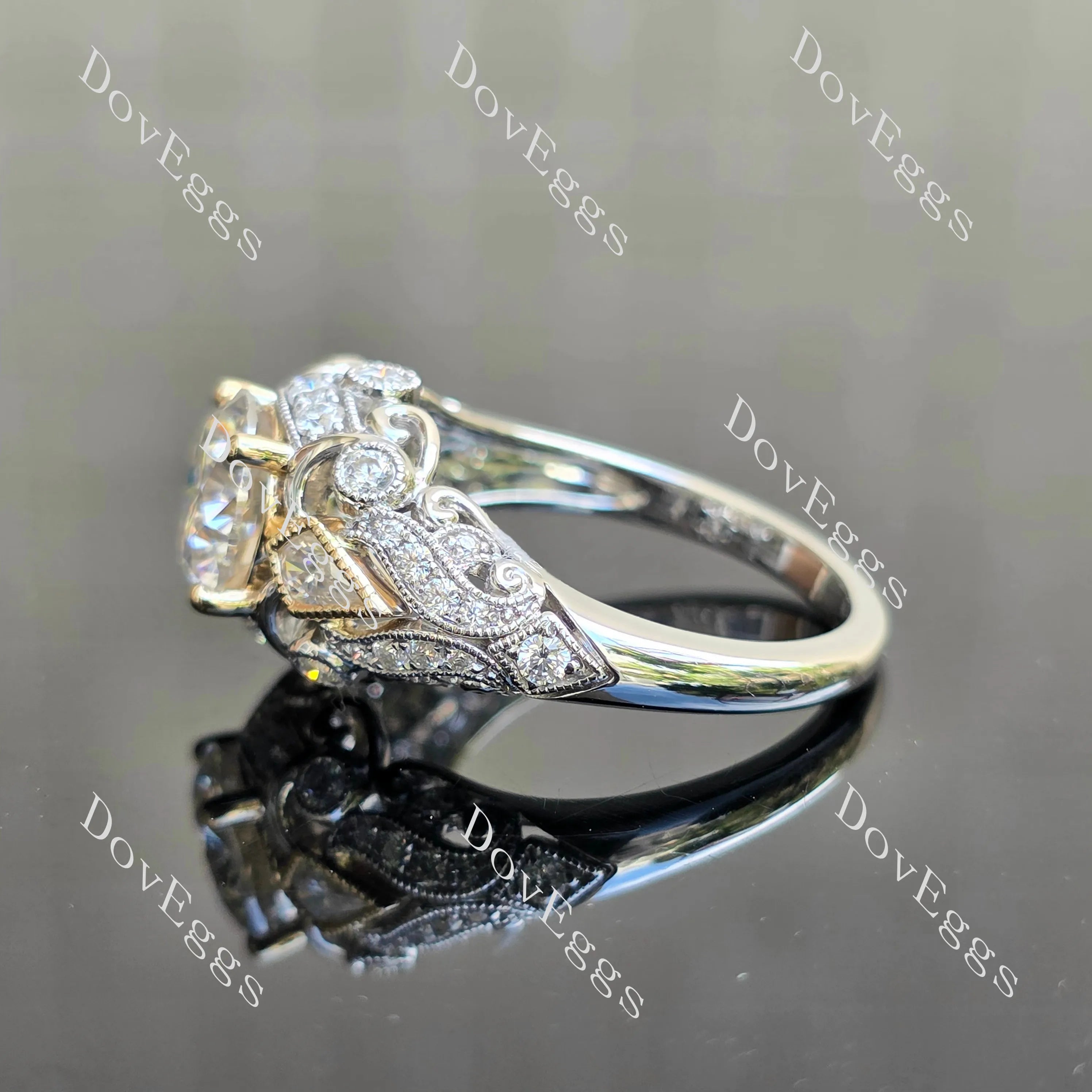 Round art deco side stones moissanite engagement ring| DovEggs