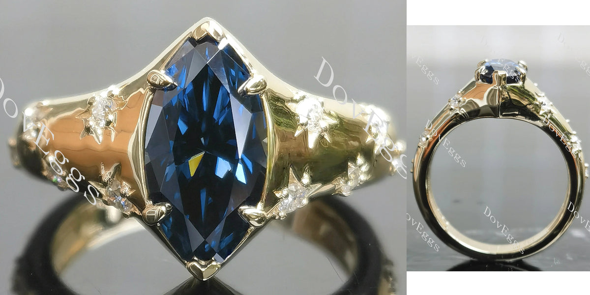 Marquise art deco twilight blue moissanite engagement ring| DovEggs
