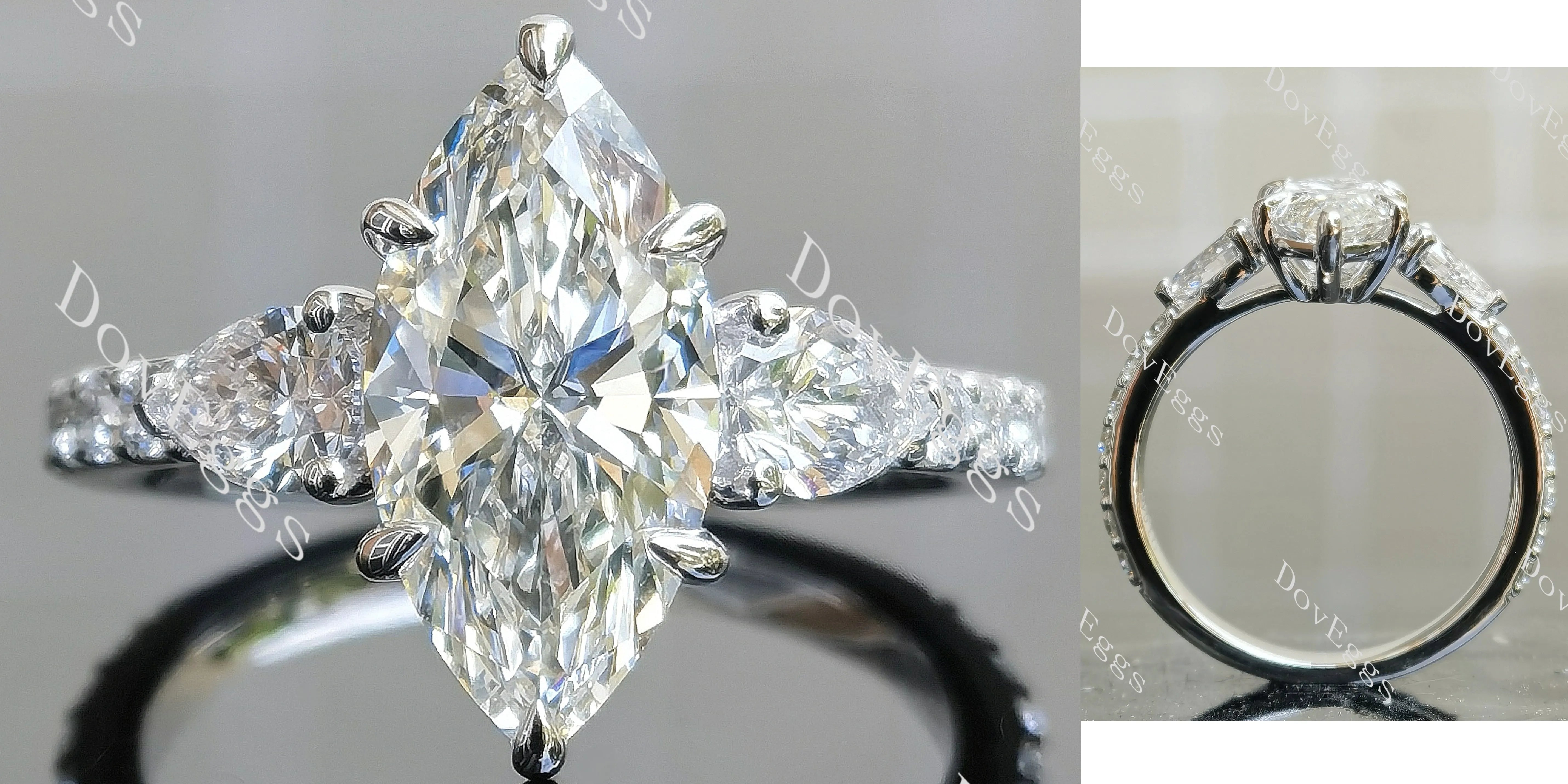 Marquise side stones pave moissanite engagement ring| DovEggs