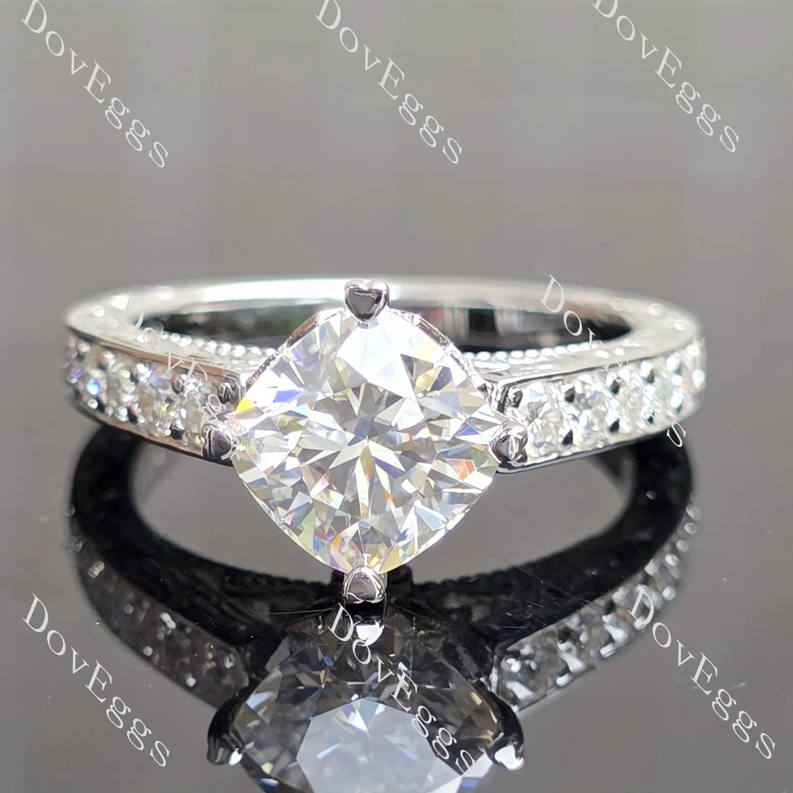 Rachael-Cushion vintage carved pave moissanite engagement ring| DovEggs