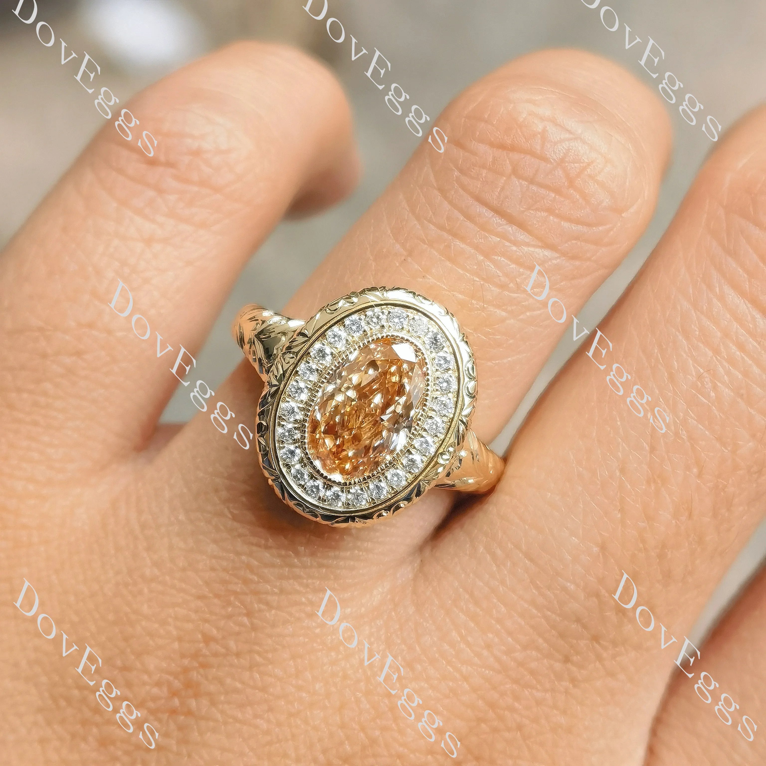 Oval halo carved art deco moissanite engagement ring| DovEggs