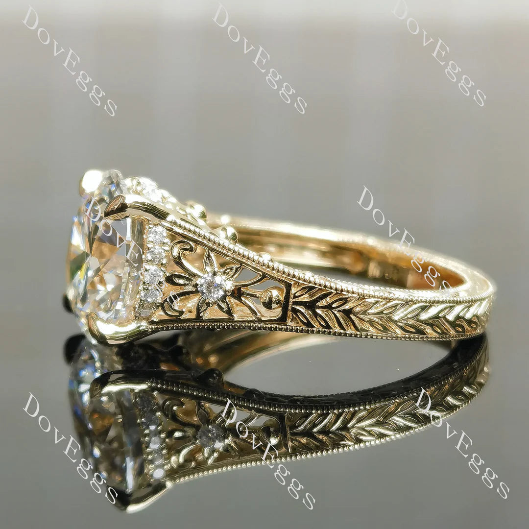 Beth's golden vintage-Round carved lab diamond engagement ring semi-mount only(Exclusively to DovEggs Stones)
