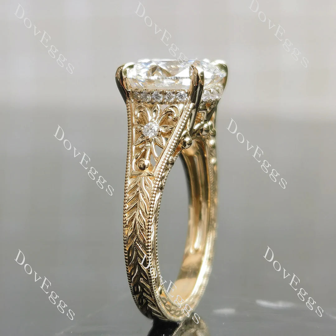Beth's golden vintage-Round carved lab diamond engagement ring semi-mount only(Exclusively to DovEggs Stones)