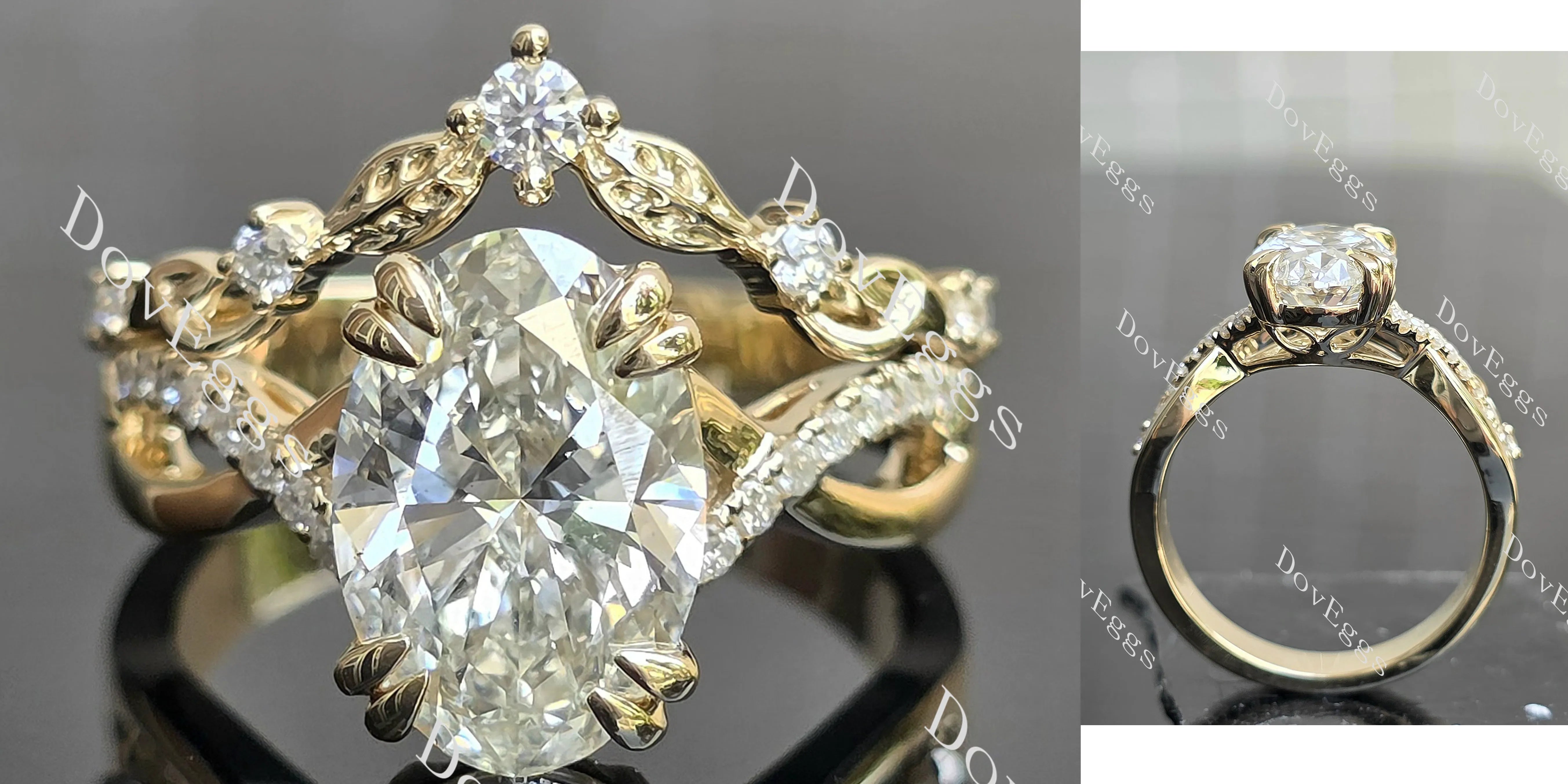 Oval vine & leaf pave moissanite engagement ring| DovEggs
