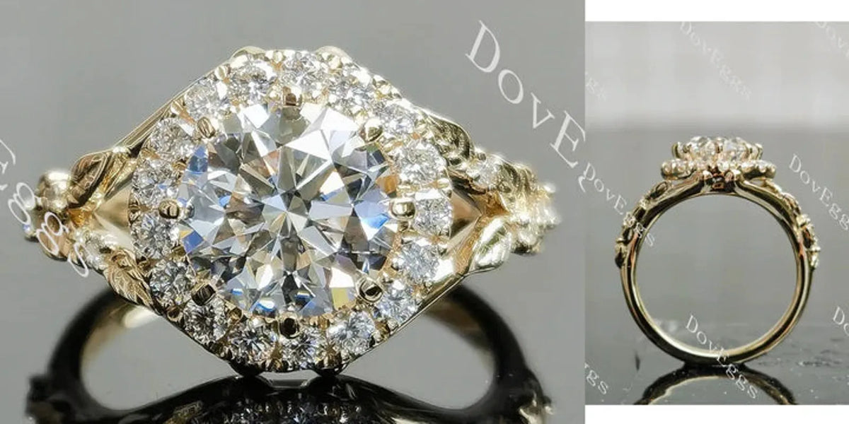 Beth's Leaves of Autumn-Round halo art deco lab diamond engagement ring semi-mount only(Exclusively to DovEggs Stones)
