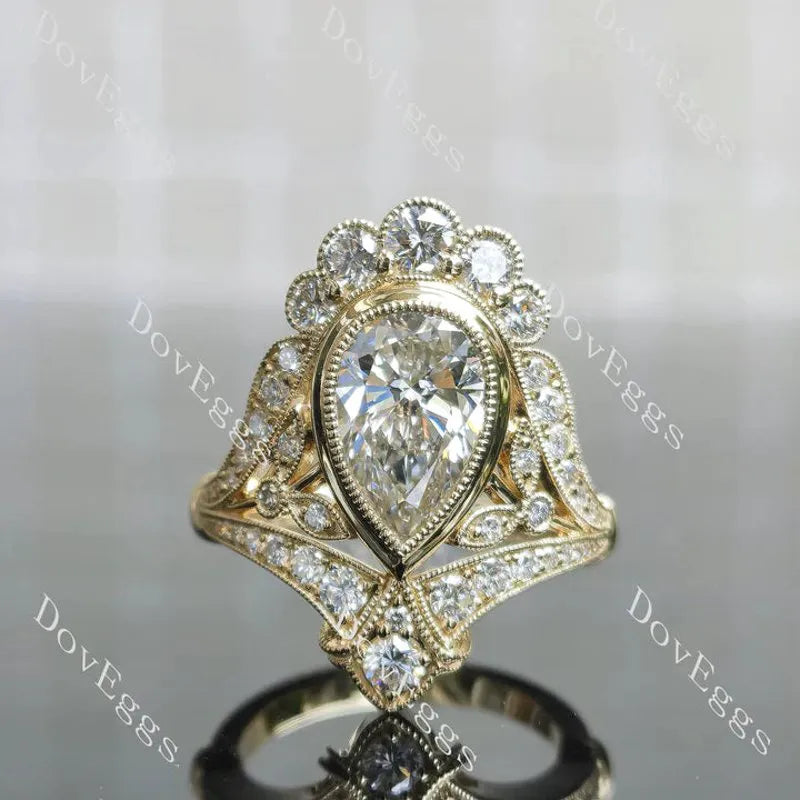Beth's Victorian Lace-Pear bezel halo art deco vintage lab diamond engagement ring semi-mount only(Exclusively to DovEggs Stones)