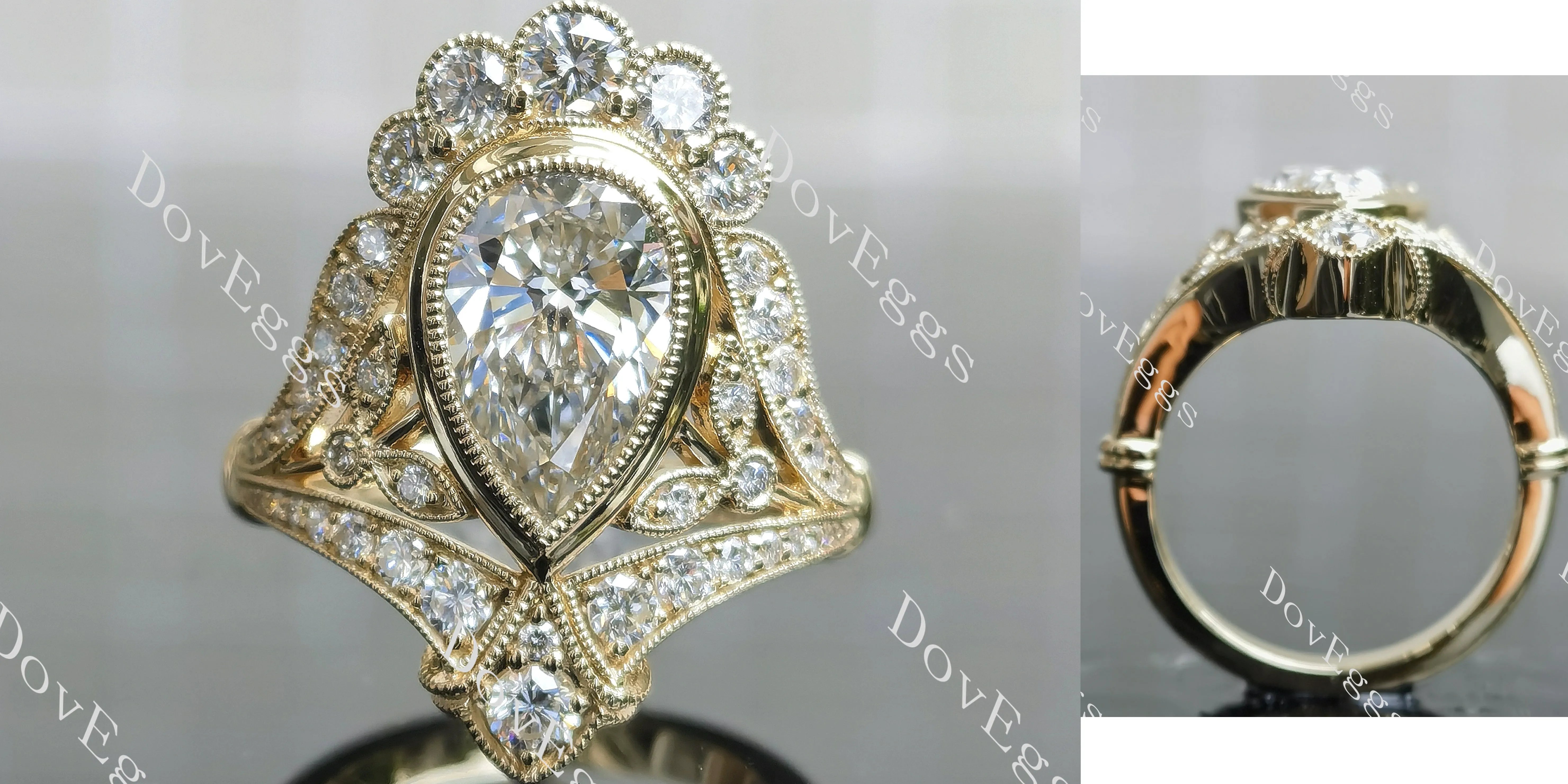 Beth's Victorian Lace-Pear bezel halo art deco moissanite engagement ring| DovEggs